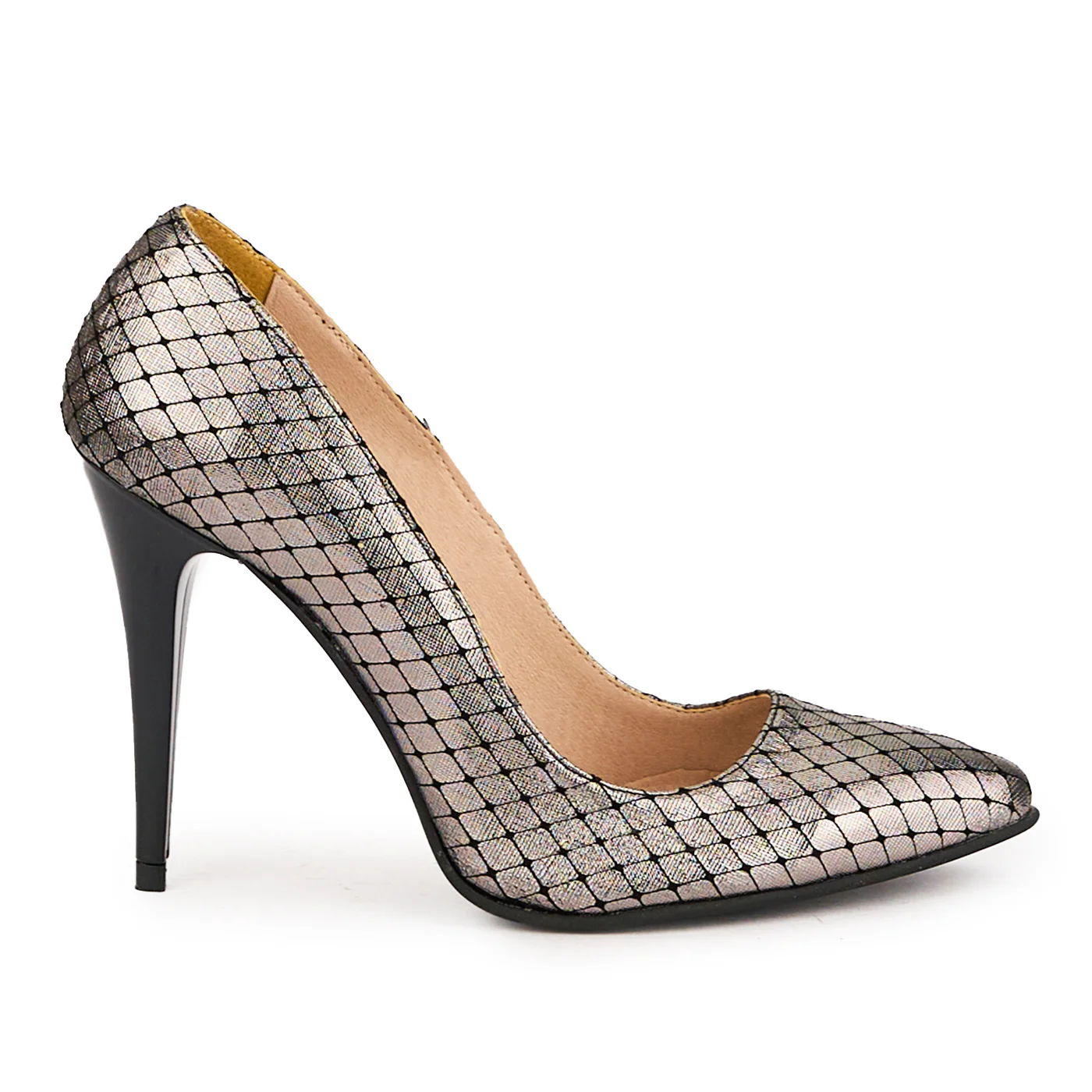 Pantofi dama din piele naturala argintie cu toc subtire 10.5 cm 16724