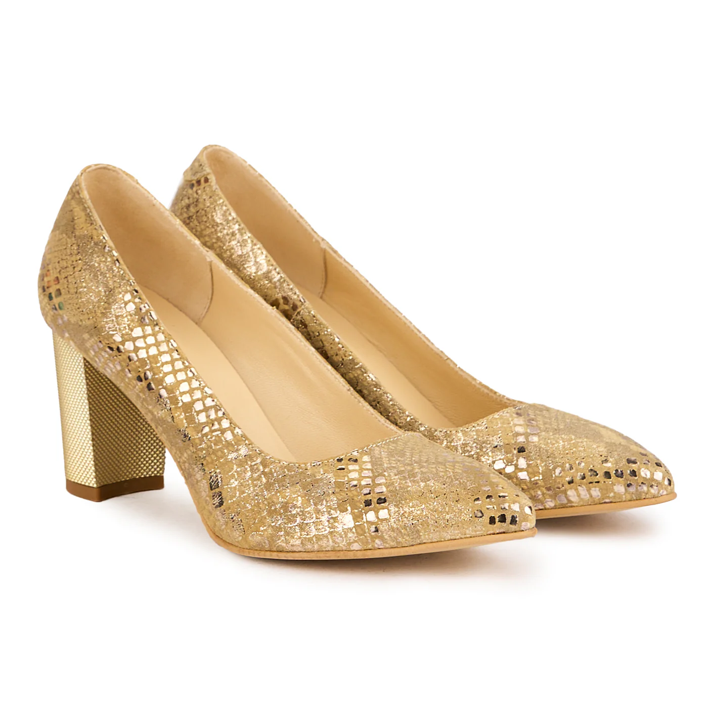 Pantofi dama din piele naturala aurie cu toc gros 7.5 cm 16744 - Image 4