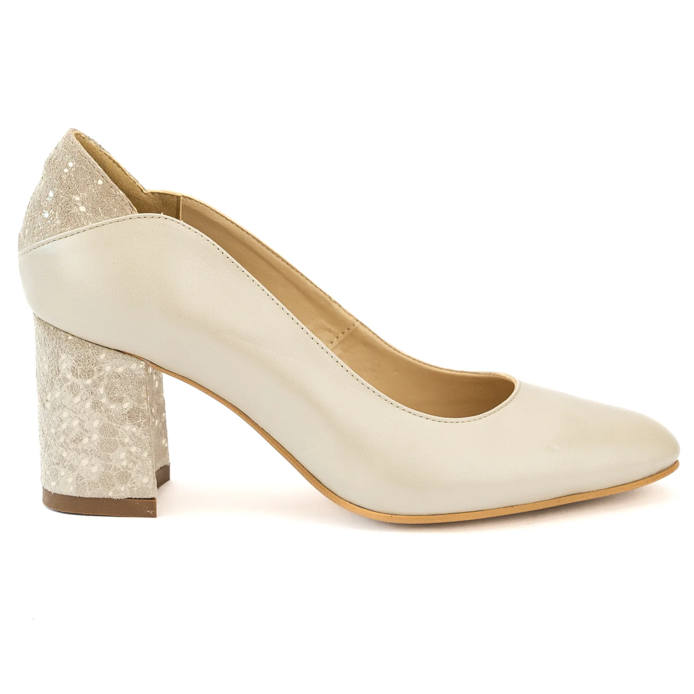 Pantofi dama din piele naturala bej cu toc gros 13986