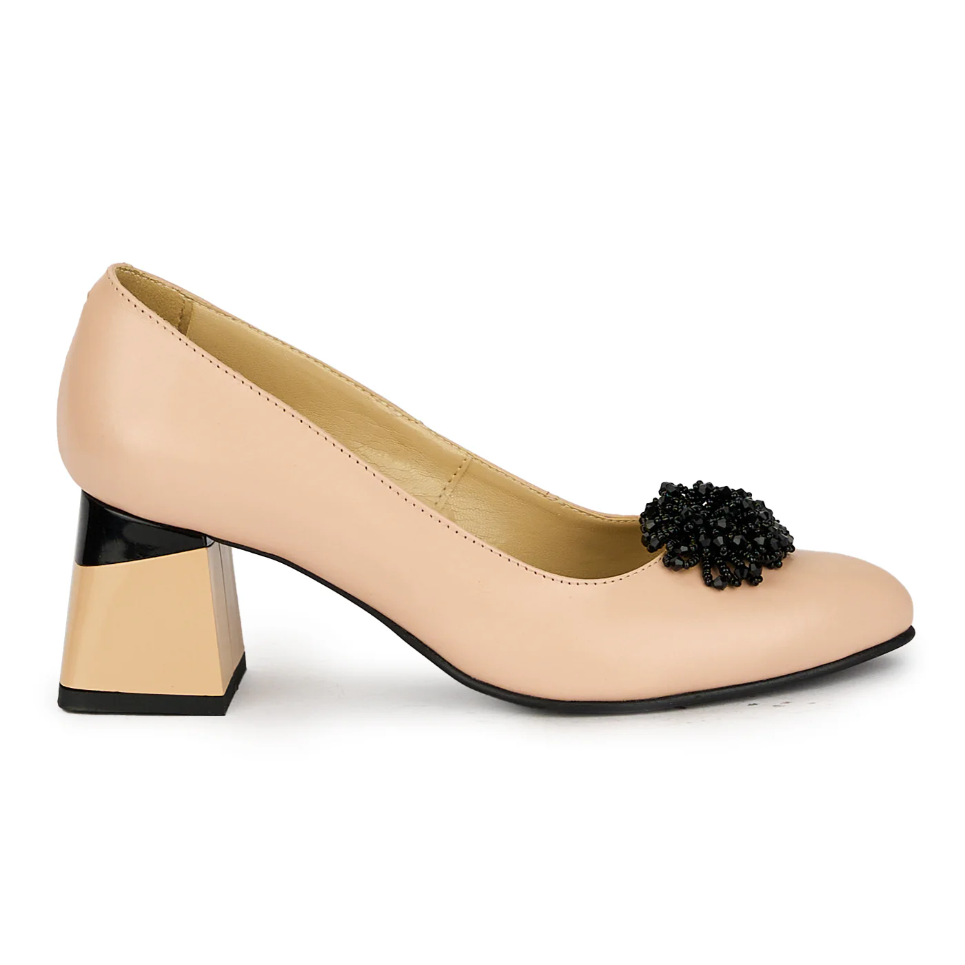 Pantofi dama din piele naturala bej cu toc gros 17542
