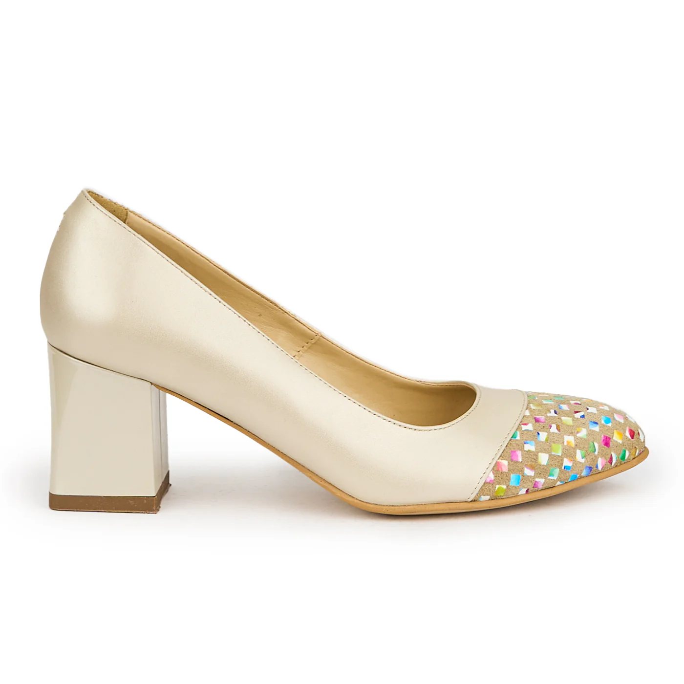 Pantofi dama din piele naturala bej cu toc gros 6 cm 15033