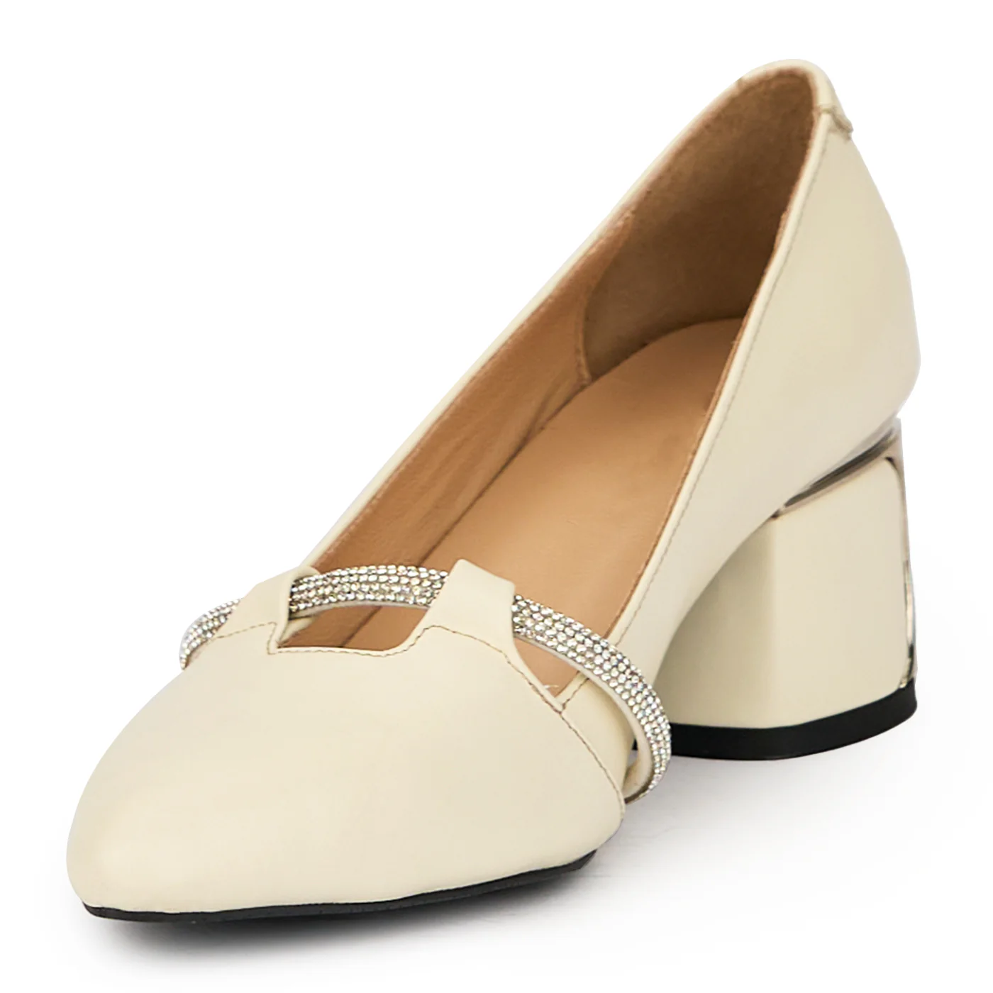 Pantofi dama din piele naturala bej cu toc gros 6 cm 15676 - Image 3