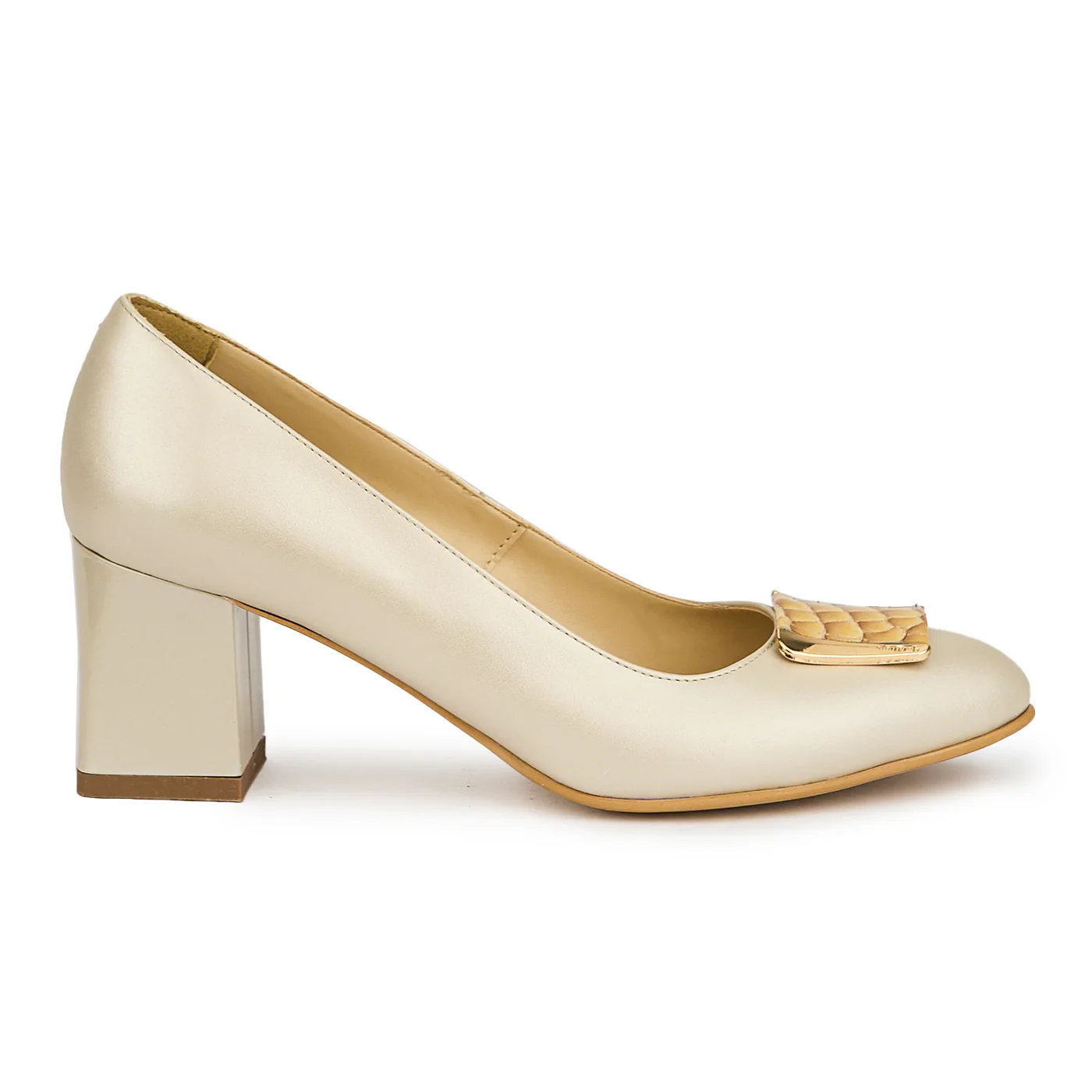 Pantofi dama din piele naturala bej cu toc gros 7 cm 15053