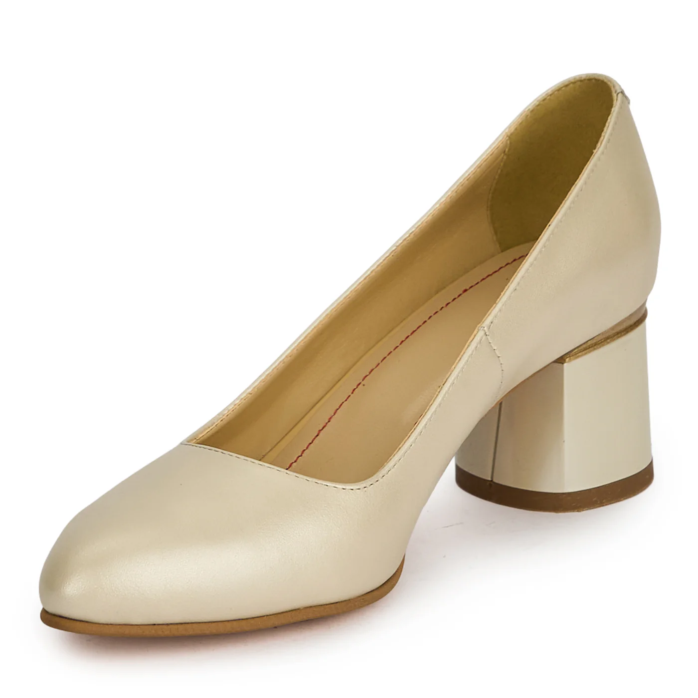Pantofi dama din piele naturala bej sidef cu toc gros 5.5 cm 19447 - Image 3