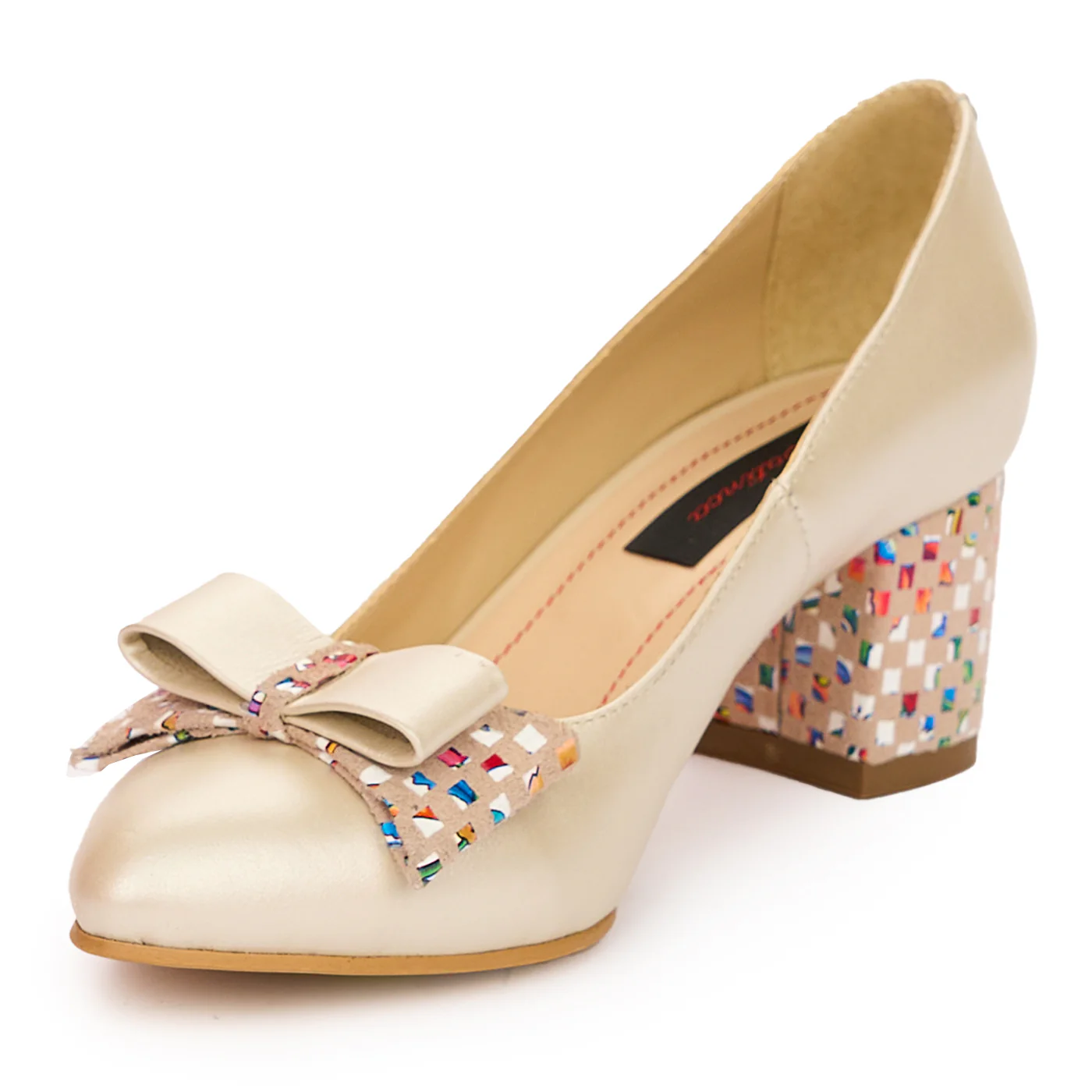 Pantofi dama din piele naturala bej sidefat cu toc gros 6 cm 13800 - Image 3