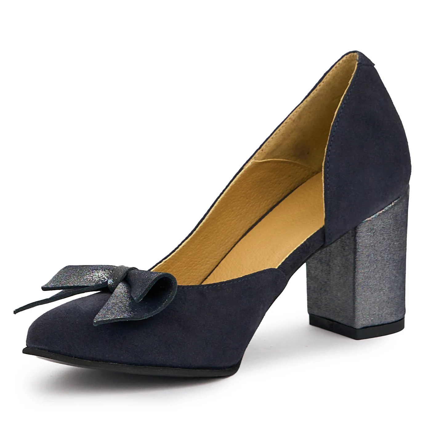 Pantofi dama din piele naturala bleumarin cu toc gros 7.5 cm 14275 - Image 3