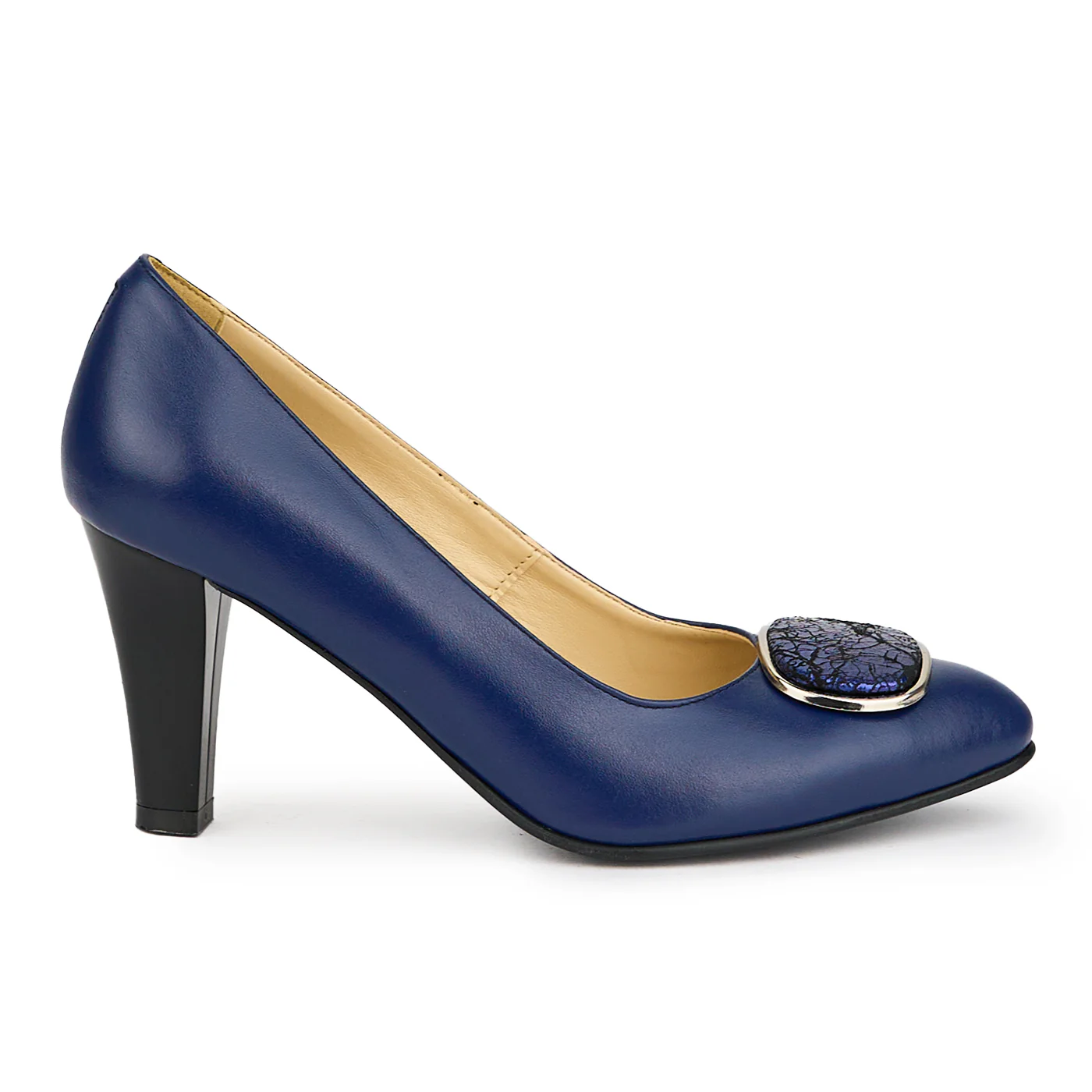 Pantofi dama din piele naturala bleumarin cu toc gros 7.5 cm 15016