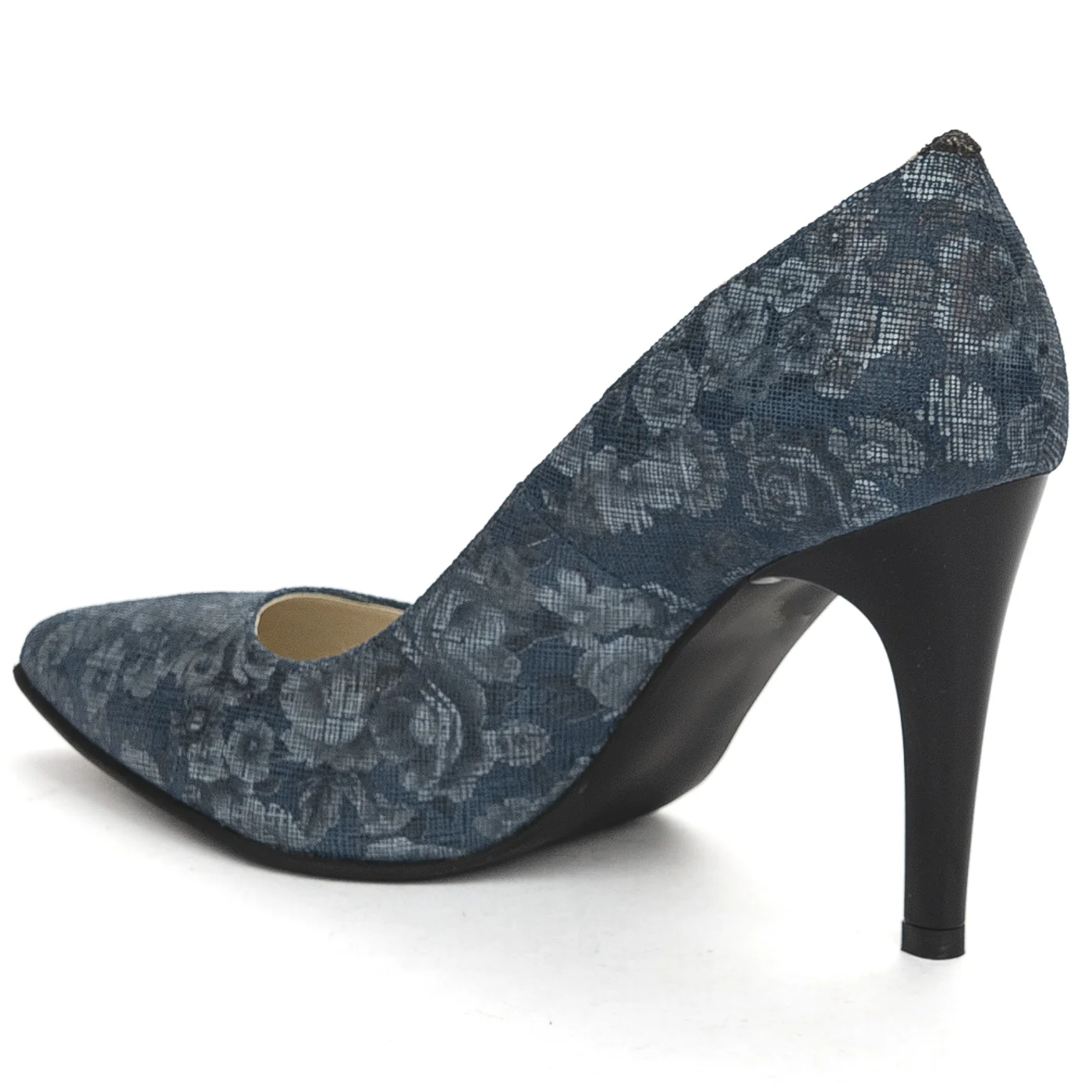 Pantofi dama din piele naturala bleumarin floral cu toc subtire 10 cm 13848 - Image 2