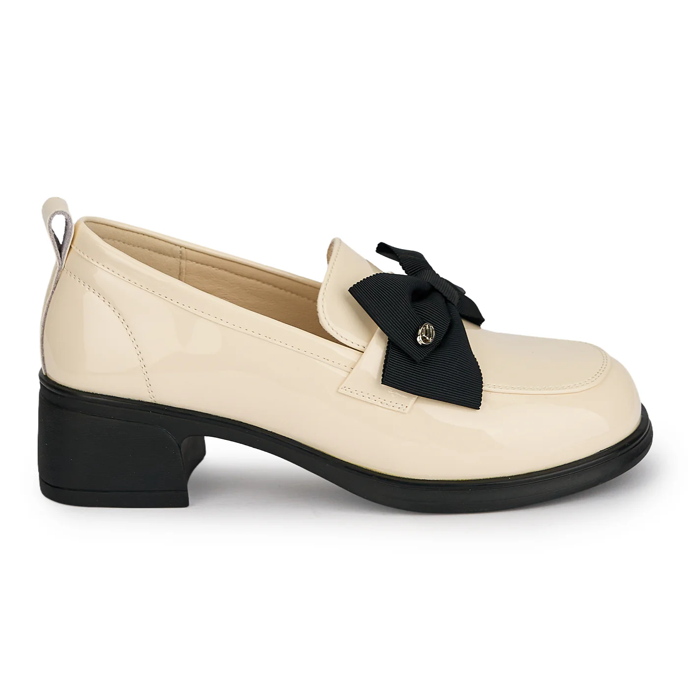 Pantofi dama din piele naturala crem cu toc gros 4 cm 19594