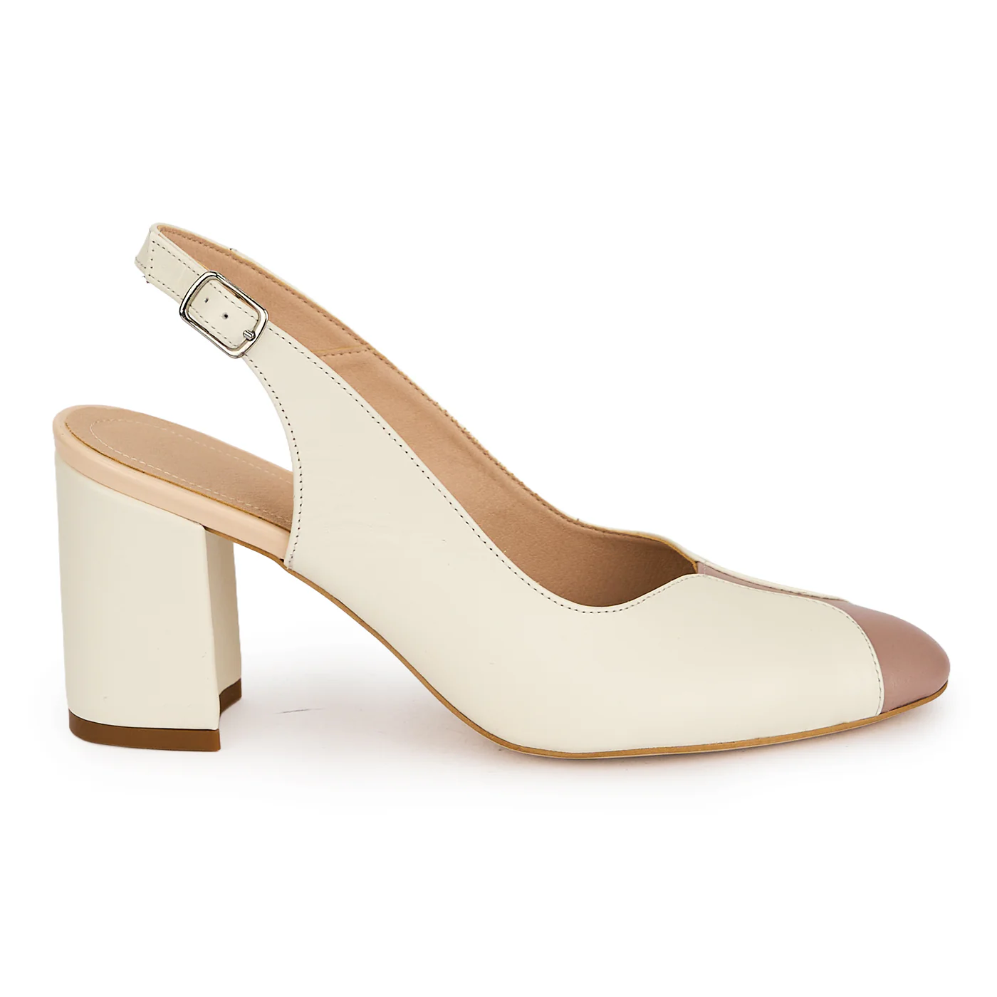 Pantofi dama din piele naturala crem cu toc gros 7 cm 19623