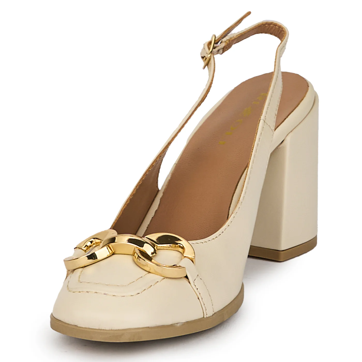Pantofi dama din piele naturala crem cu toc gros 8 cm 18096 - Image 3