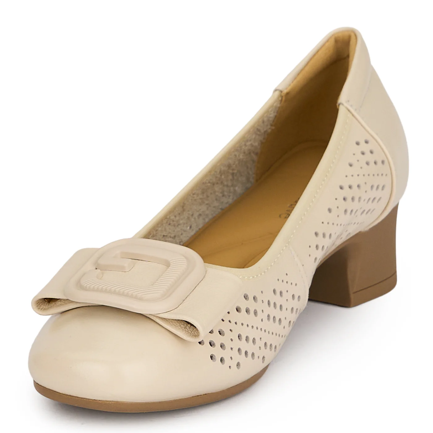 Pantofi dama din piele naturala crem perforata cu toc gros 3.5 cm 19591 - Image 3
