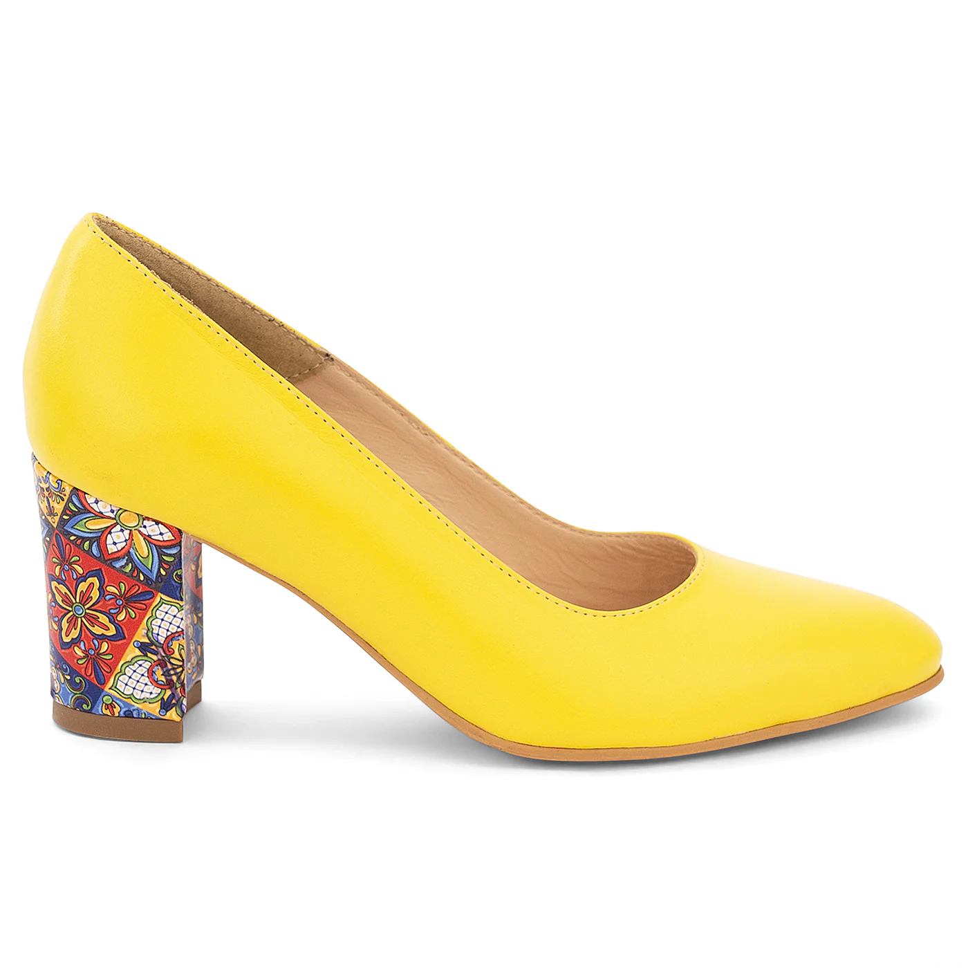 Pantofi dama din piele naturala galbena cu toc gros 13996