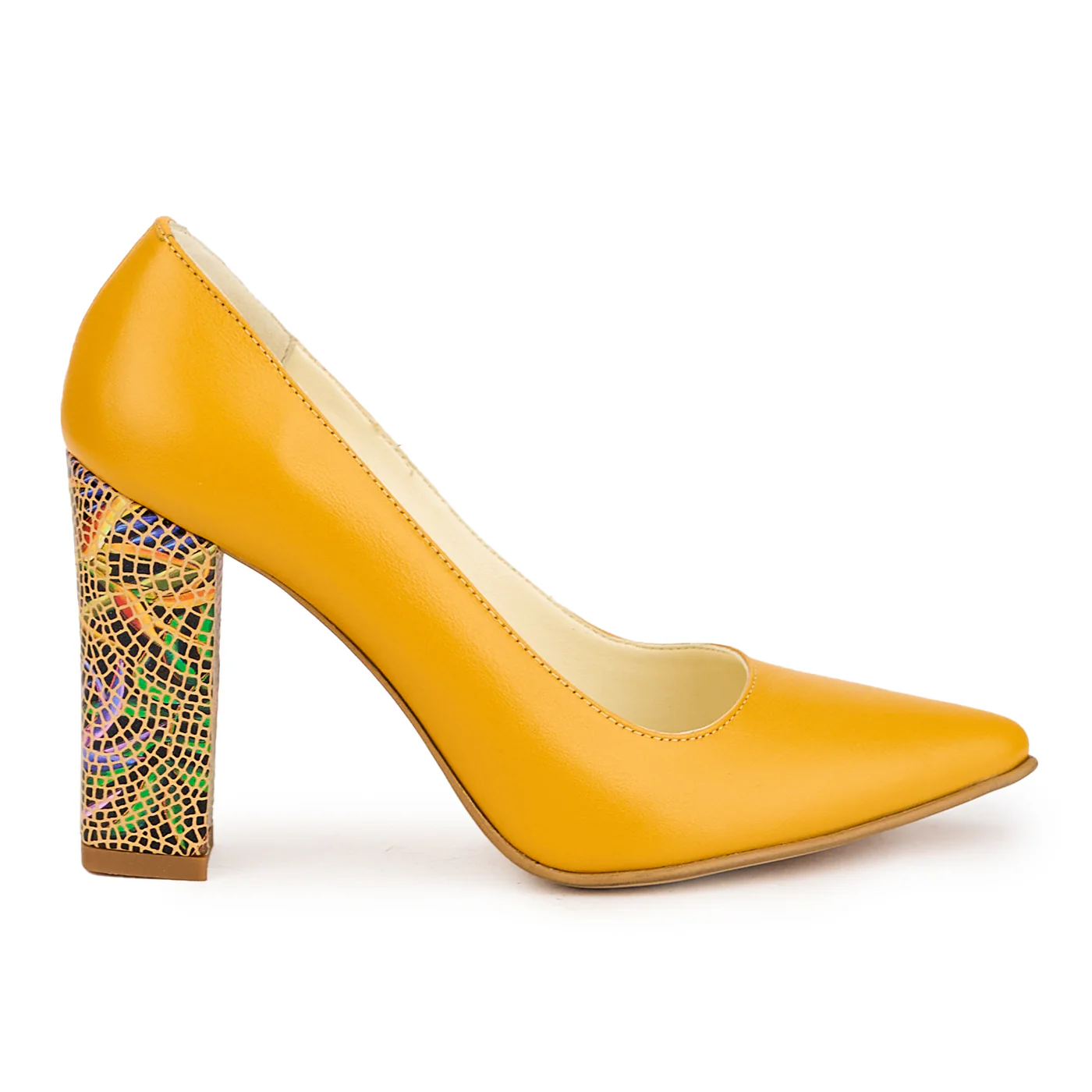 Pantofi dama din piele naturala galbena-mustar cu toc gros 9.5 cm 16972