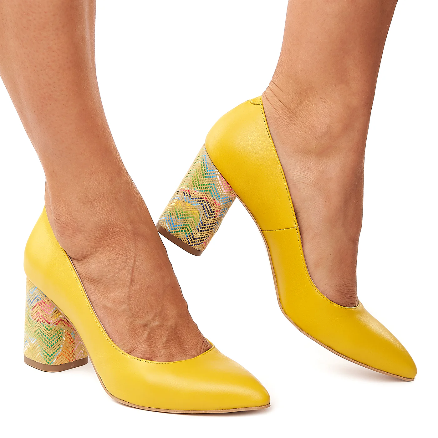 Pantofi dama din piele naturala galbena toc colorat 4175 - Image 2
