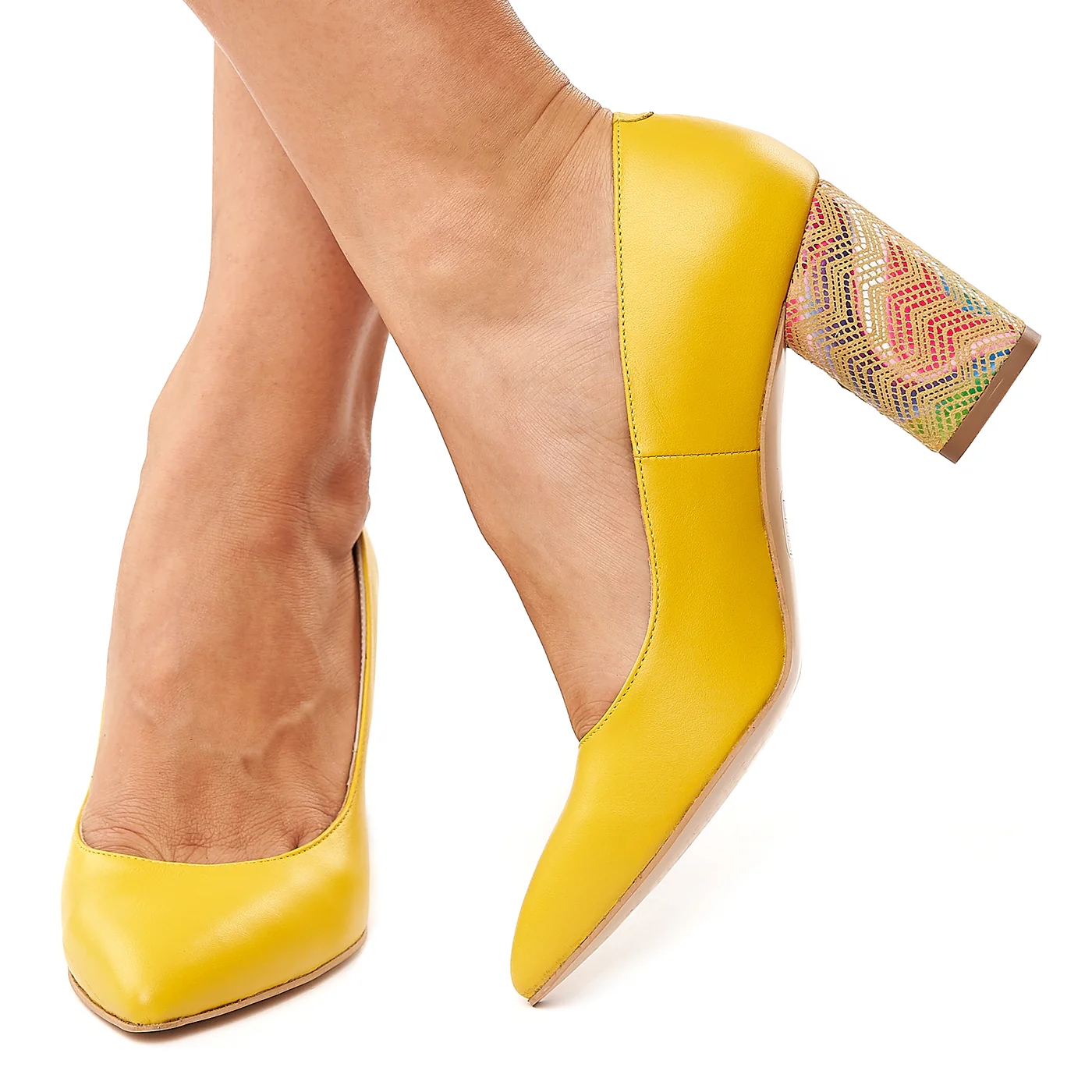 Pantofi dama din piele naturala galbena toc colorat 4175 - Image 3