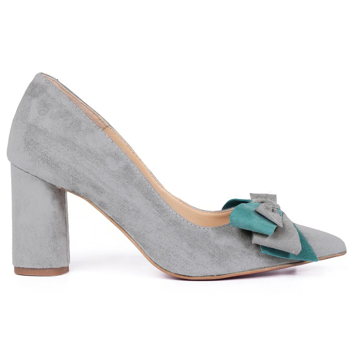 Pantofi dama din piele naturala gri cu toc gros 7.5 cm 15718