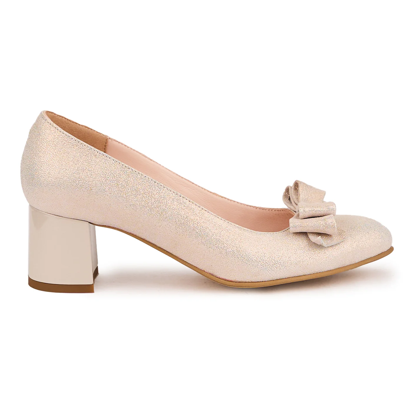 Pantofi dama din piele naturala bej-perlat cu toc gros 6 cm 16786