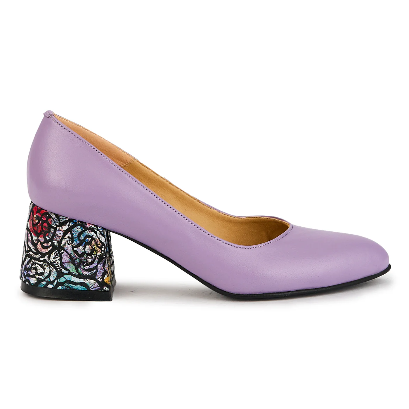 Pantofi dama din piele naturala lila cu toc gros 6 cm 17381