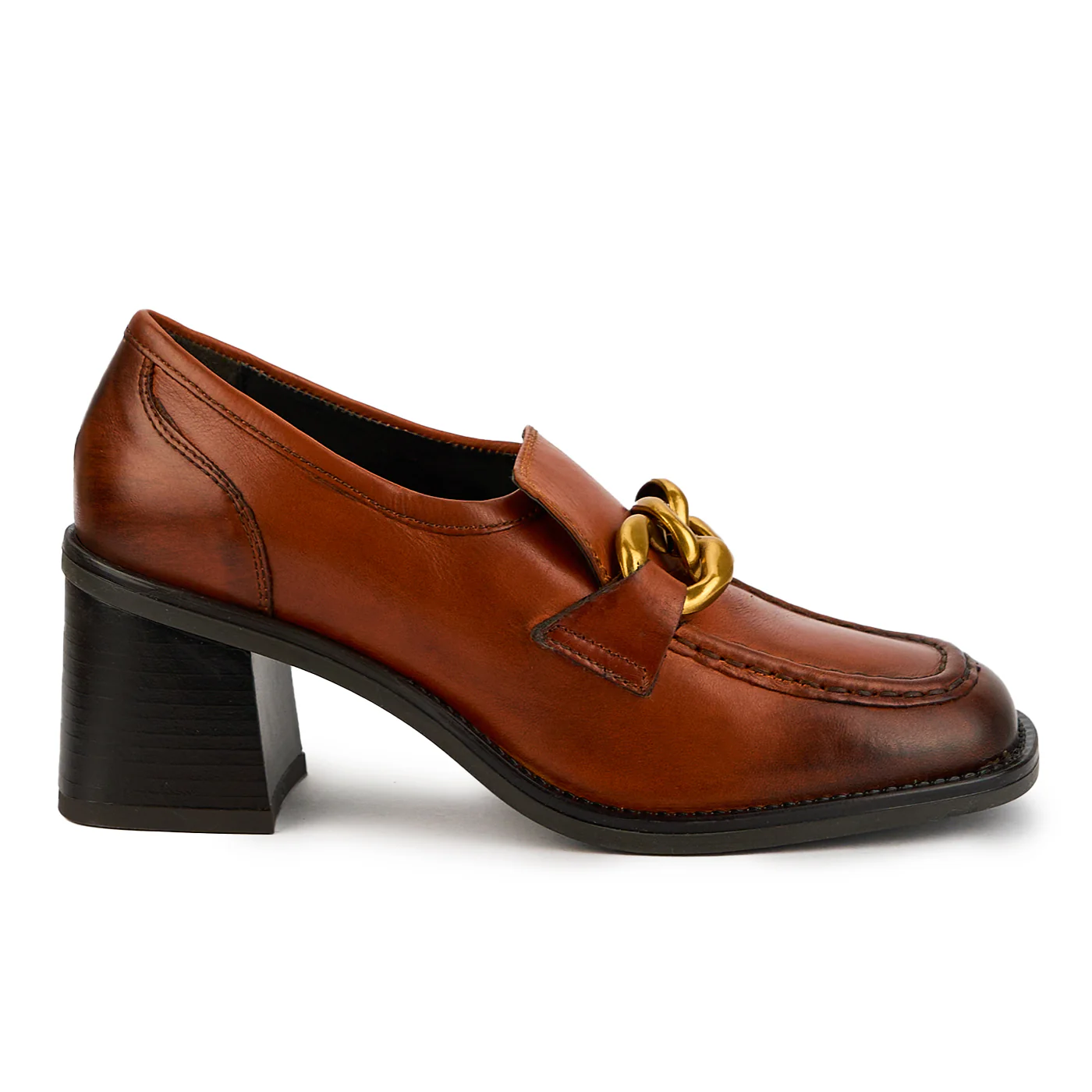 Pantofi dama din piele naturala maro cu toc gros 7 cm 14892