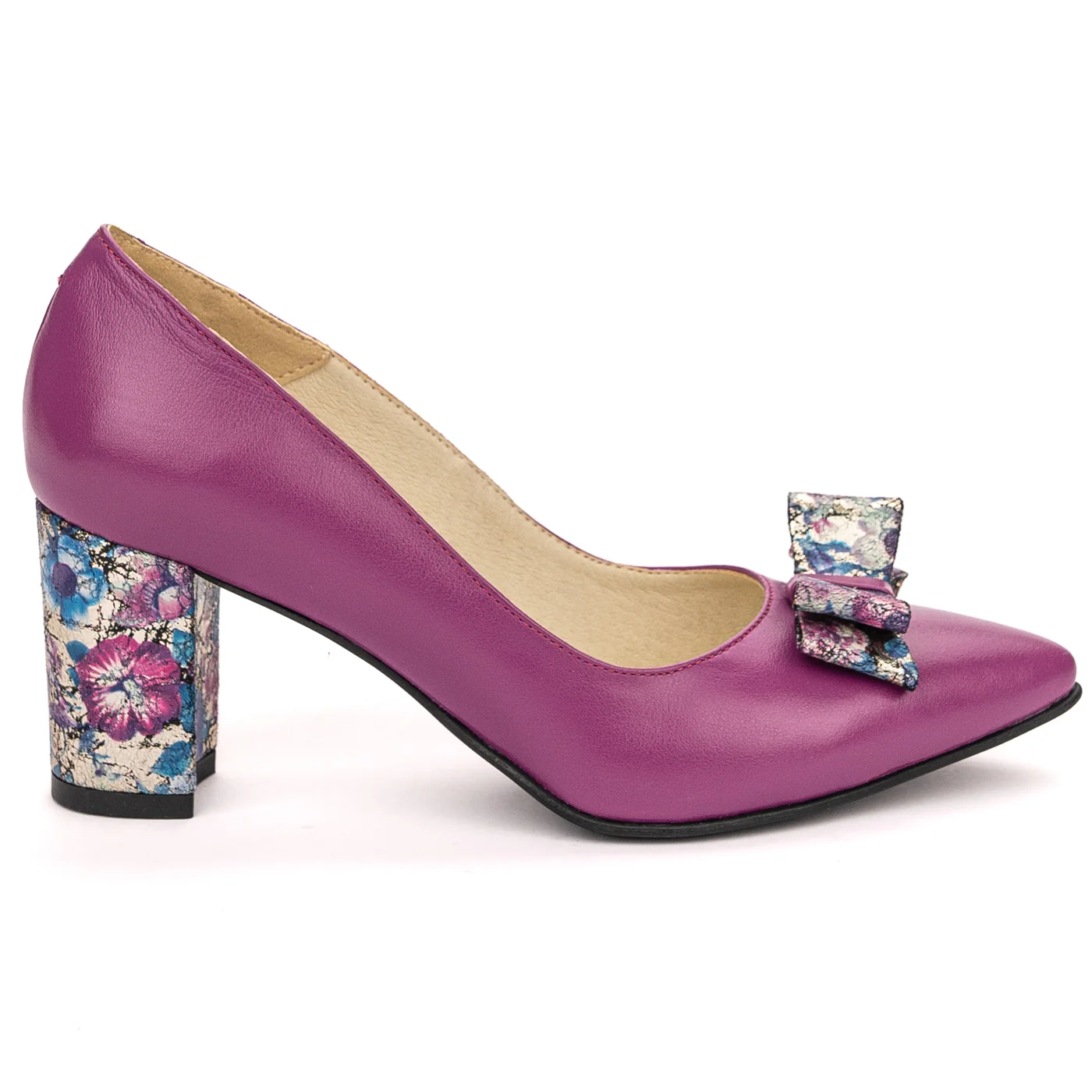 Pantofi dama din piele naturala mov cu toc gros 13592