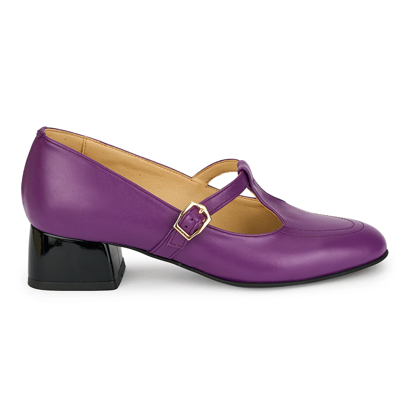 Pantofi dama din piele naturala mov cu toc gros 4 cm 19304