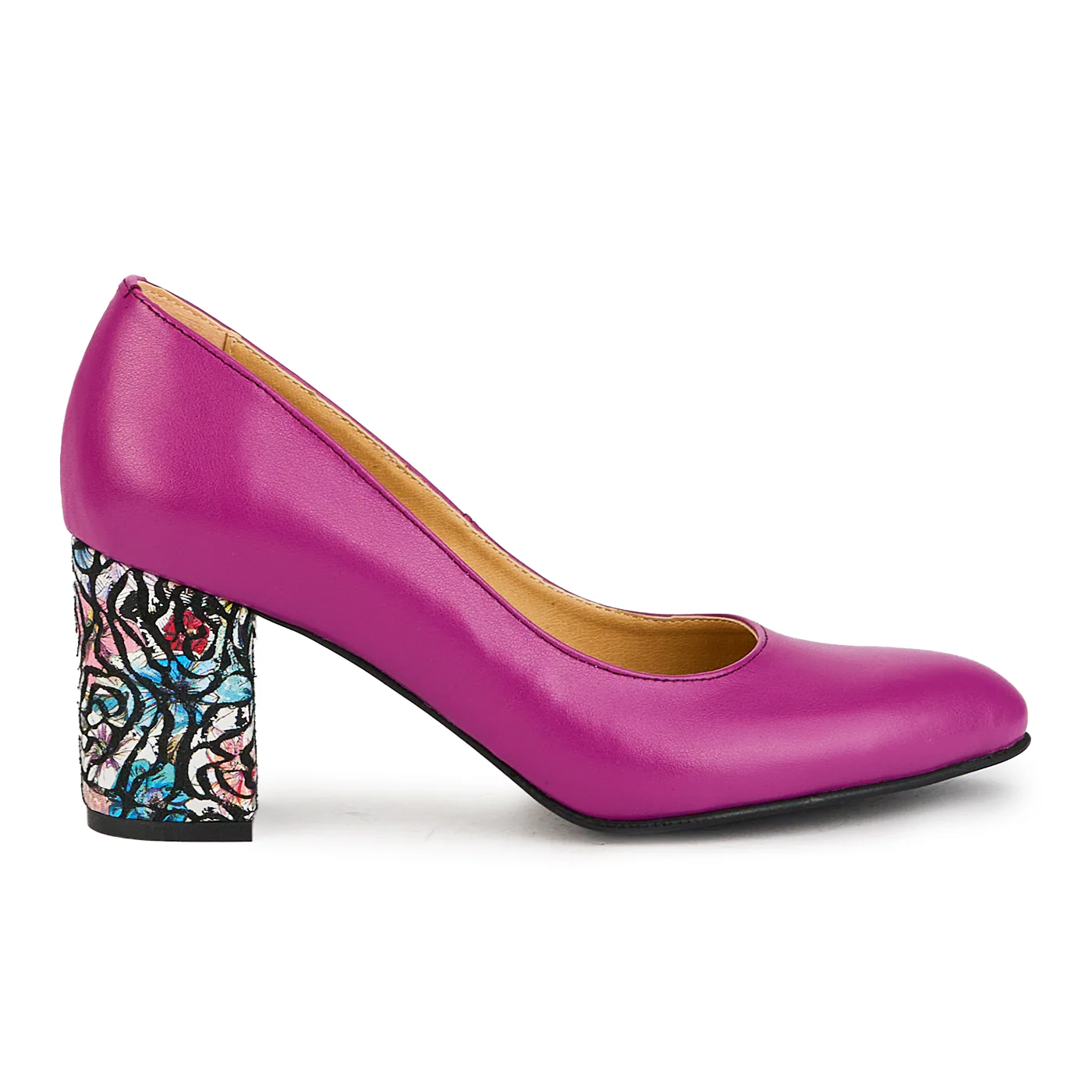 Pantofi dama din piele naturala mov cu toc gros 7.5 cm 17384