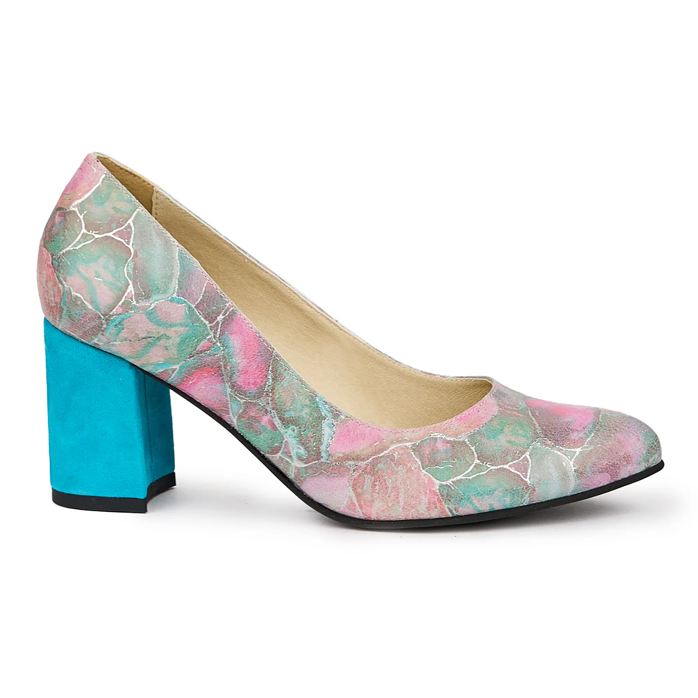Pantofi dama din piele naturala multicolor cu toc gros 7.5 cm 14392