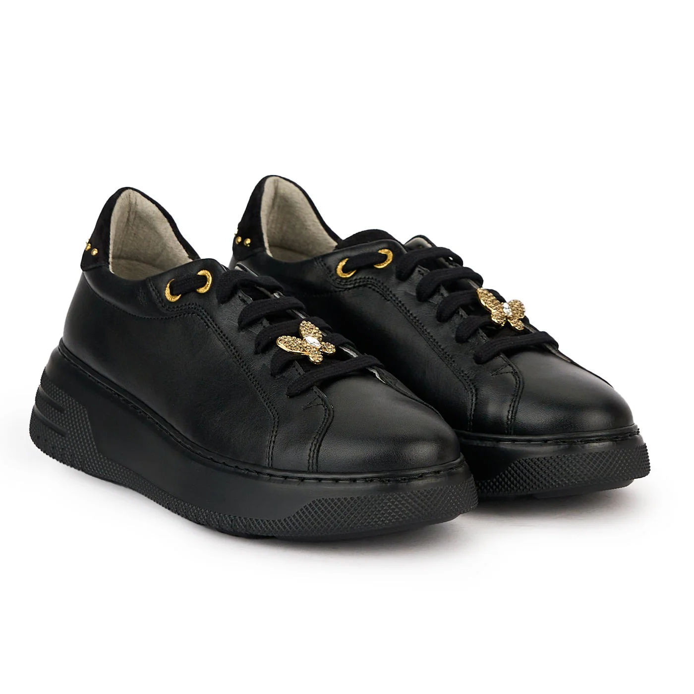 Pantofi dama din piele naturala neagra cu accesoriu metalic 16086