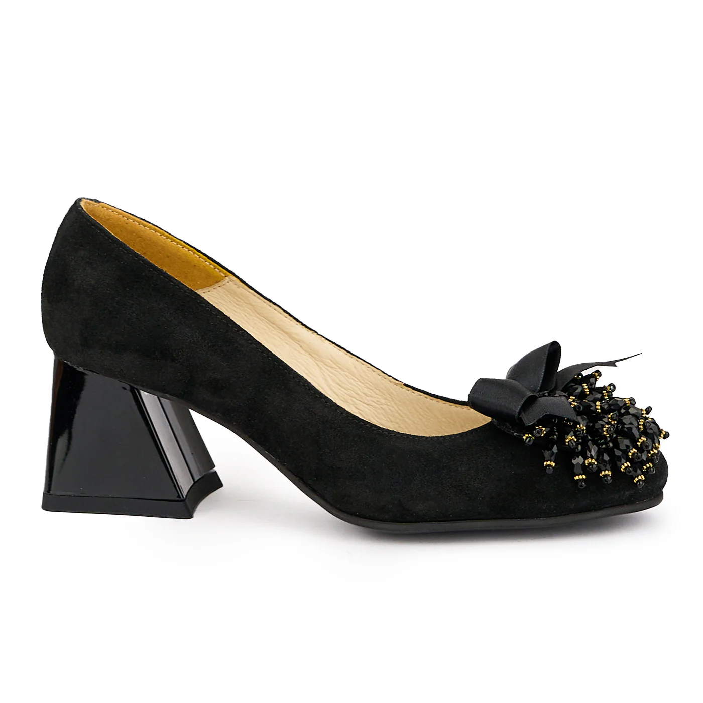 Pantofi dama din piele naturala neagra cu accesoriu si toc gros 6 cm 16356