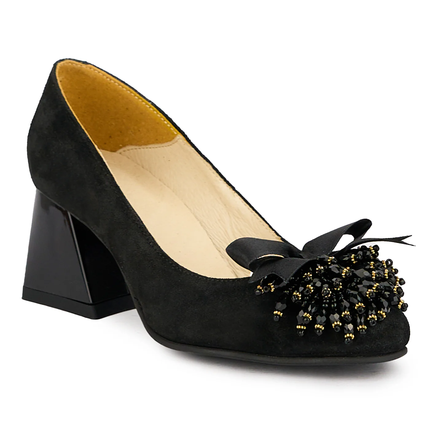 Pantofi dama din piele naturala neagra cu accesoriu si toc gros 6 cm 16356 - Image 3