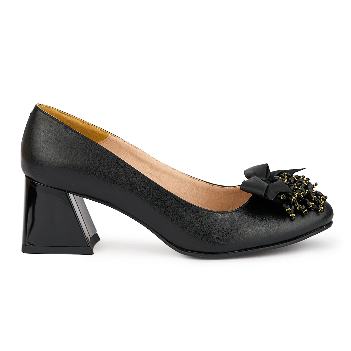 Pantofi dama din piele naturala neagra cu accesoriu si toc gros 6 cm 16361