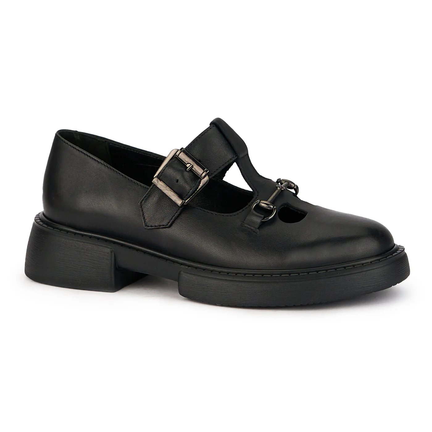 Pantofi dama din piele naturala neagra cu bareta pe glezna 16077
