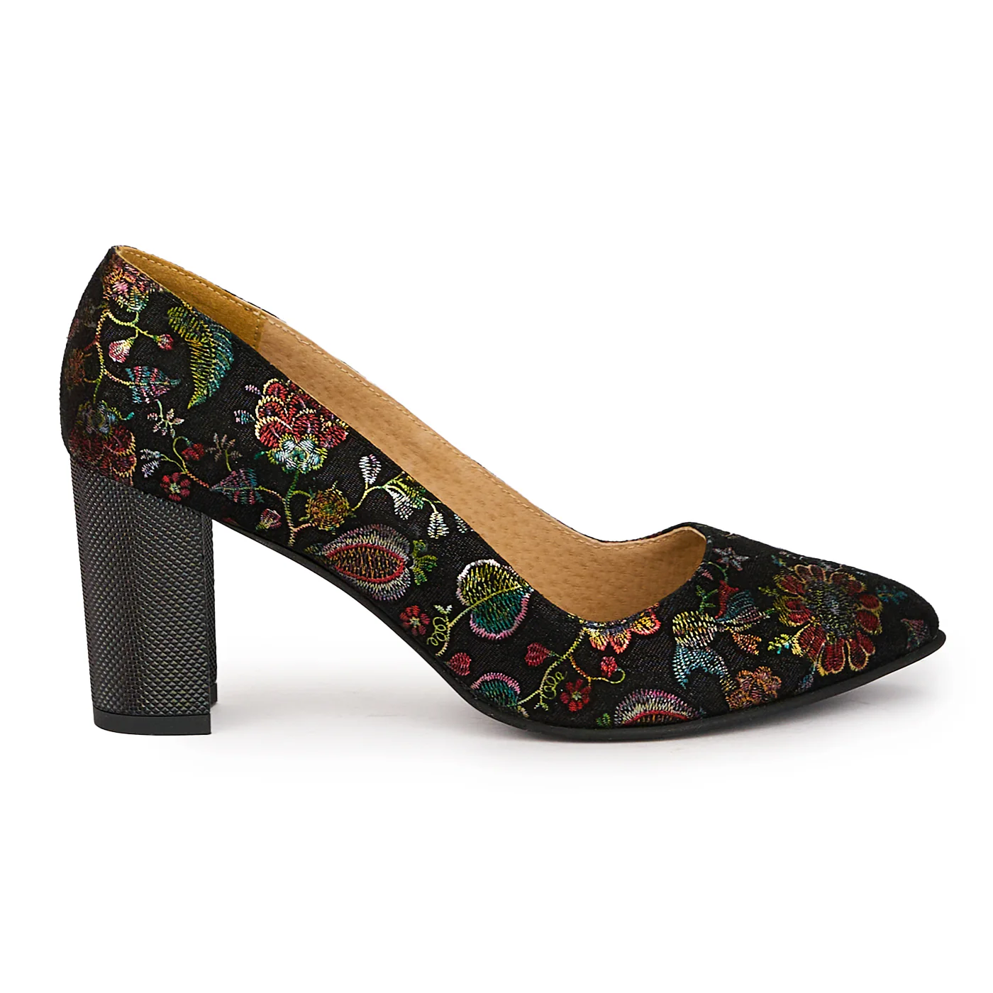 Pantofi dama din piele naturala neagra cu model floral si toc gros 7.5 cm 15977