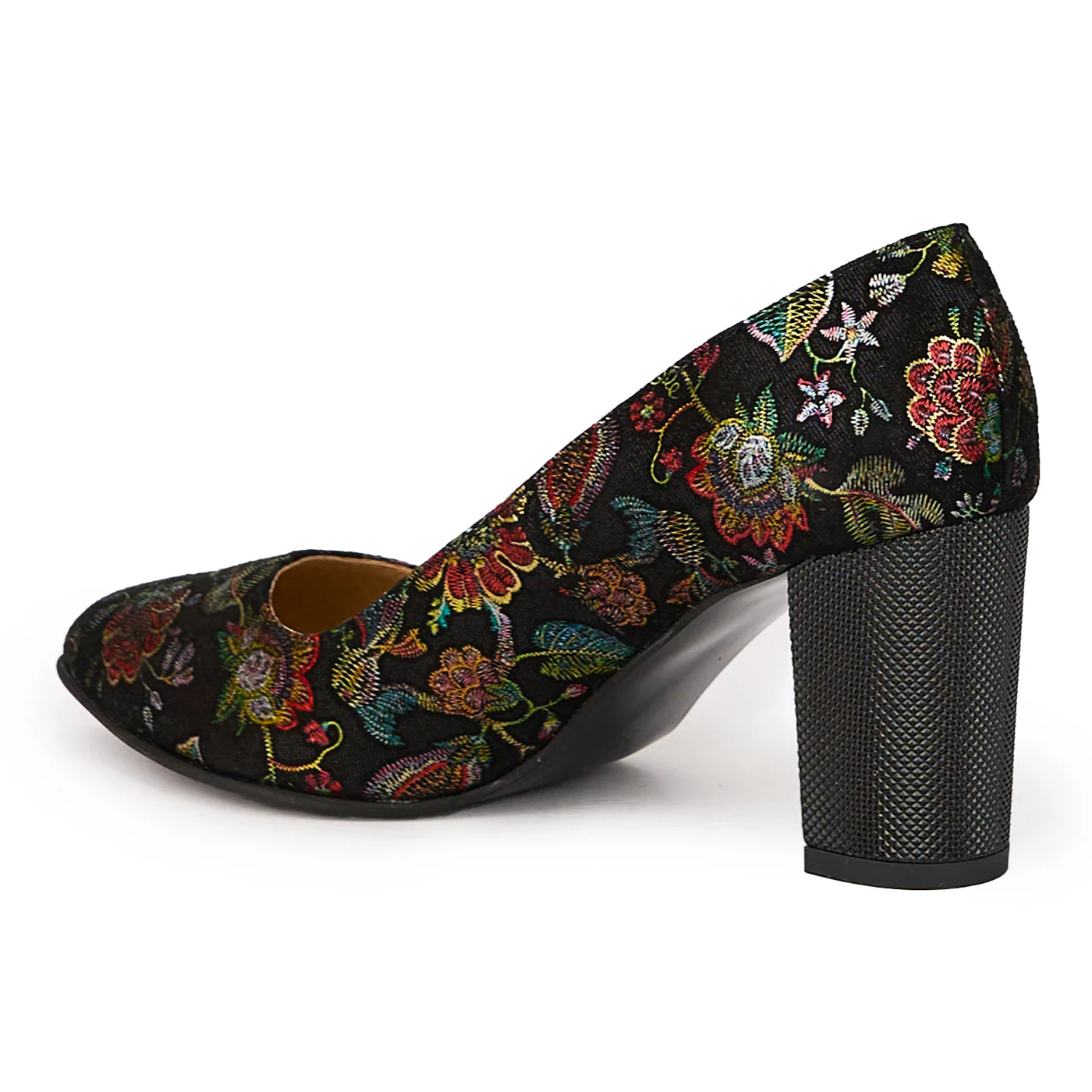 Pantofi dama din piele naturala neagra cu model floral si toc gros 7.5 cm 15977 - Image 2