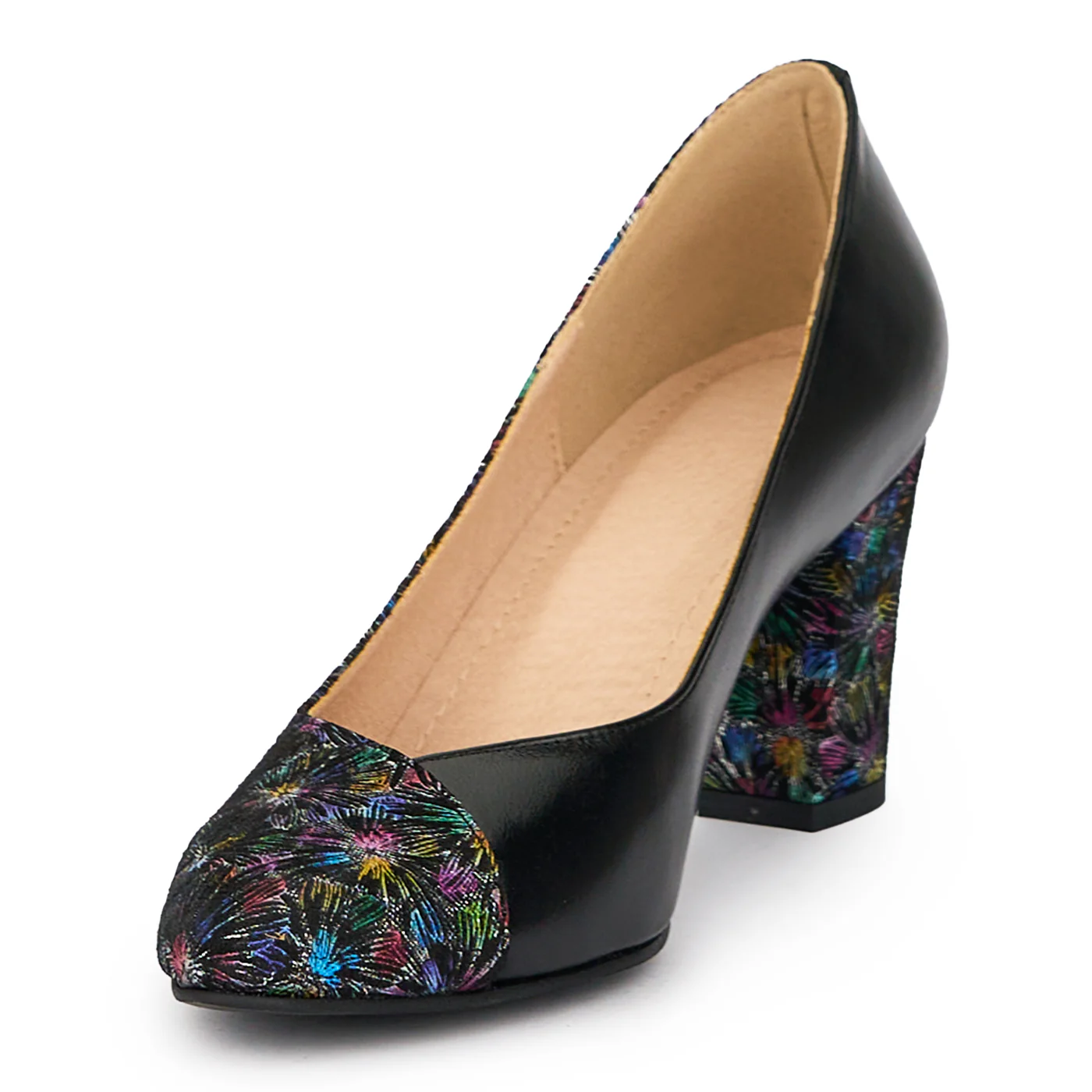 Pantofi dama din piele naturala neagra cu model floral si toc gros 8 cm 15518 - Image 3