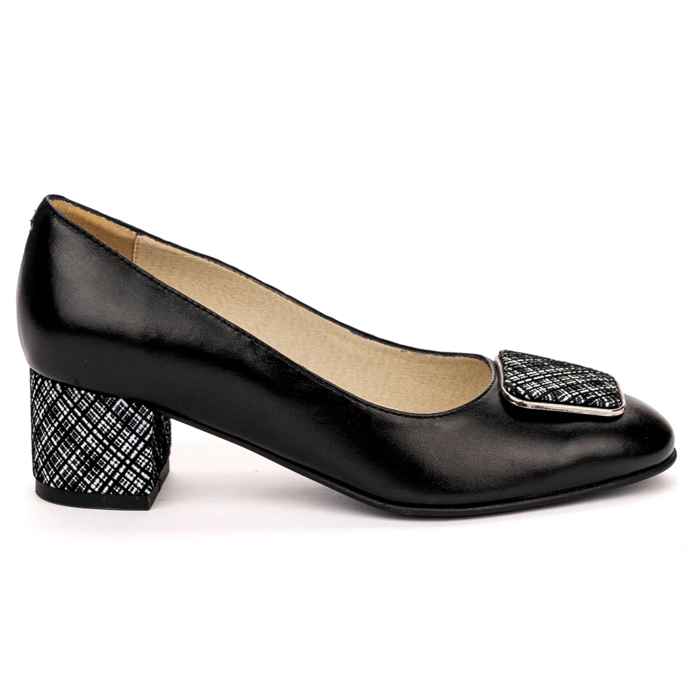 Pantofi dama din piele naturala neagra cu toc gros 13577