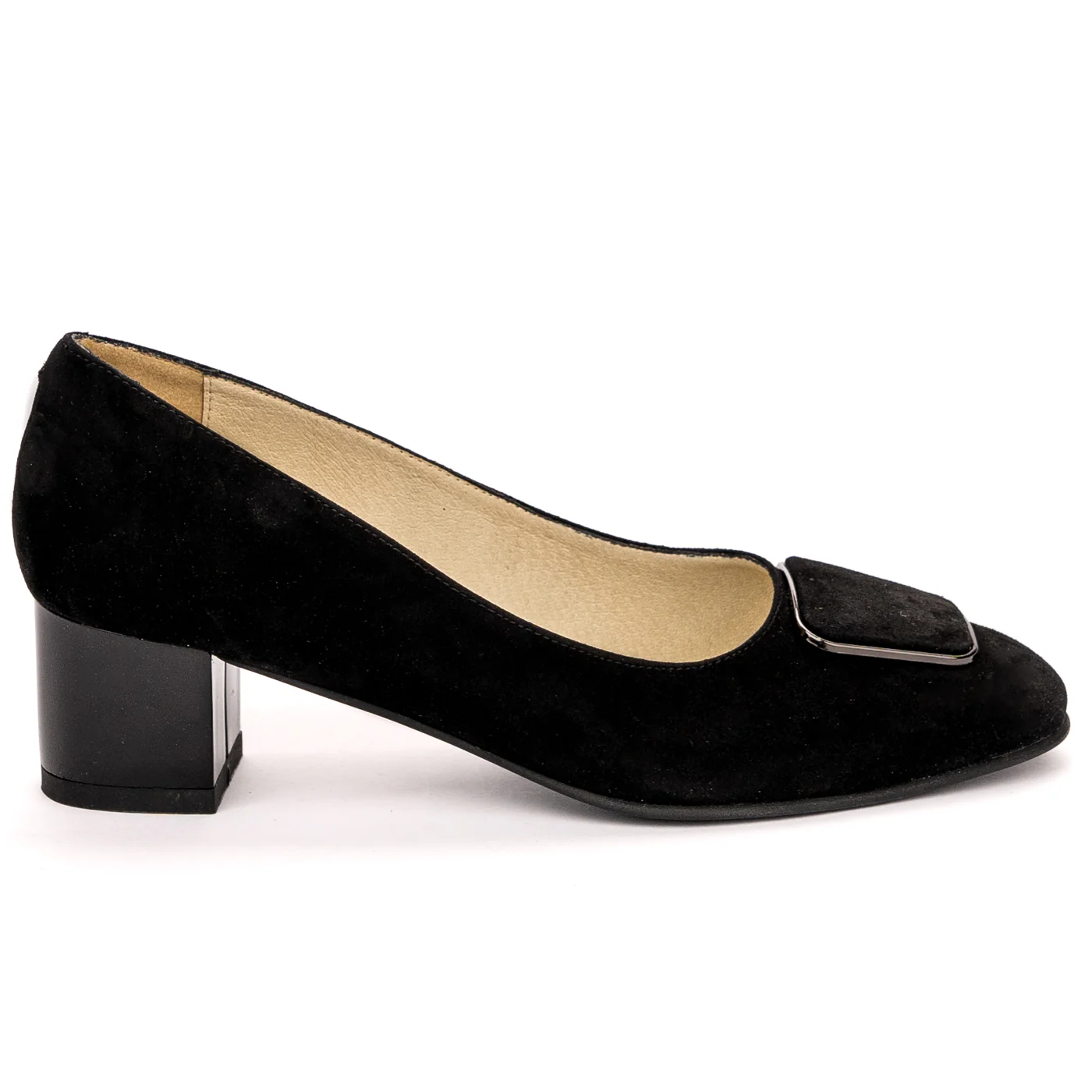 Pantofi dama din piele naturala neagra cu toc gros 13583