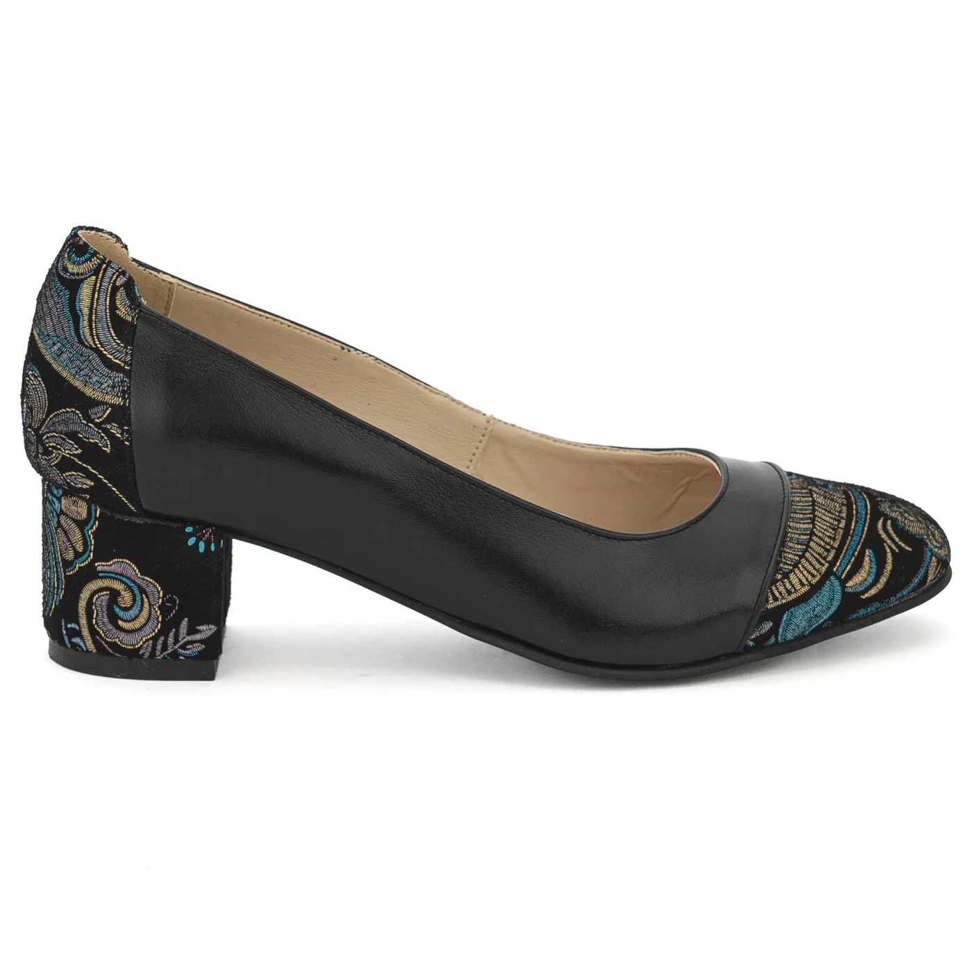 Pantofi dama din piele naturala neagra cu toc gros 13979