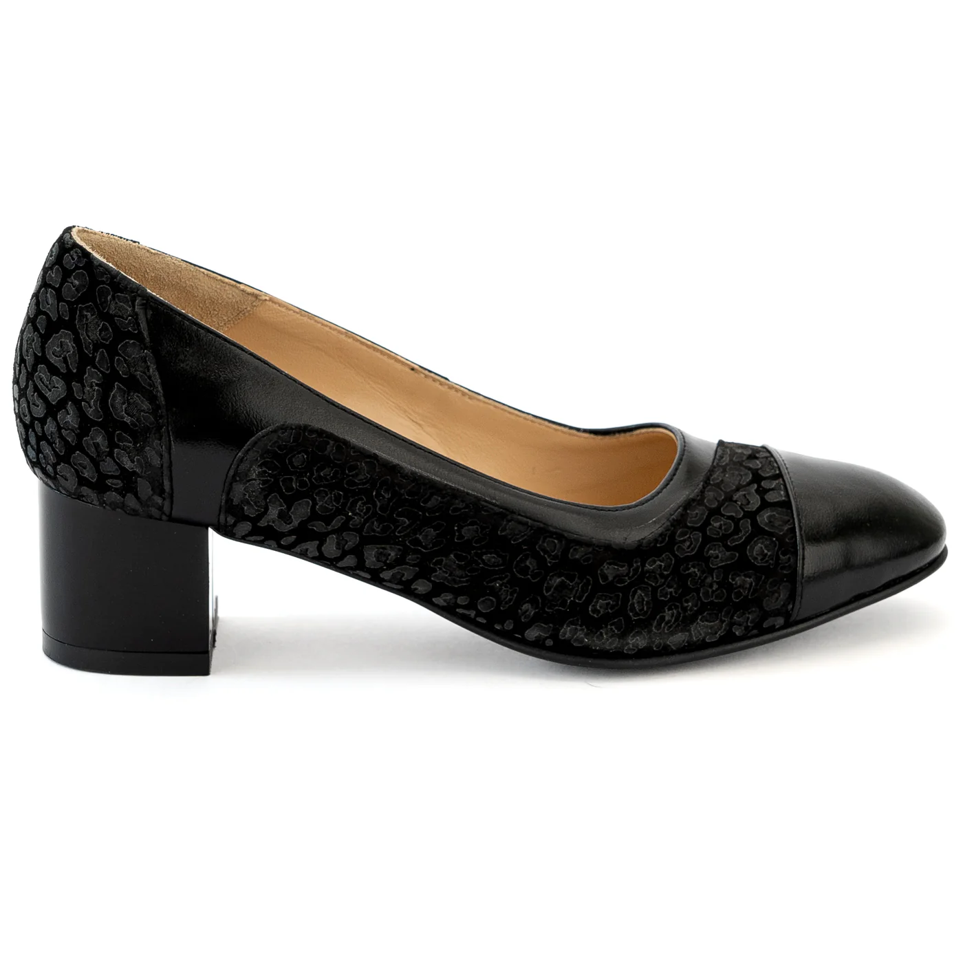 Pantofi dama din piele naturala neagra cu toc gros 13982