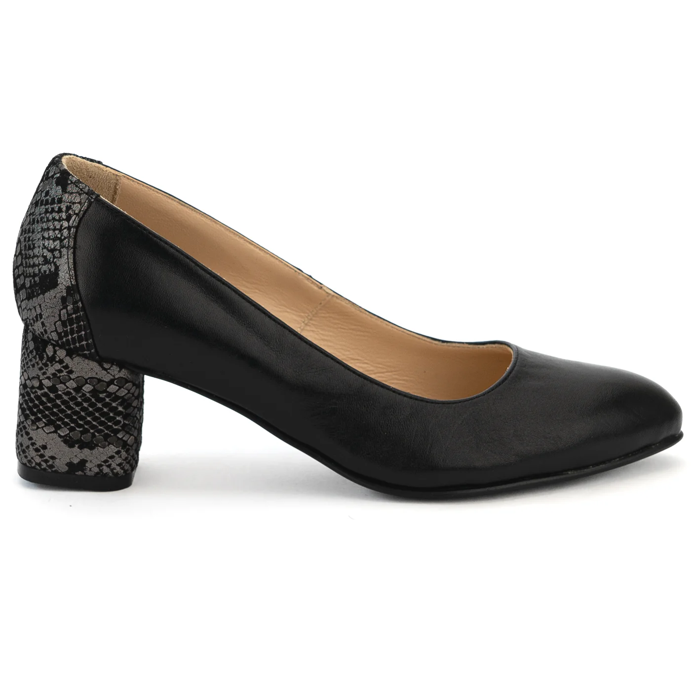 Pantofi dama din piele naturala neagra cu toc gros 13984