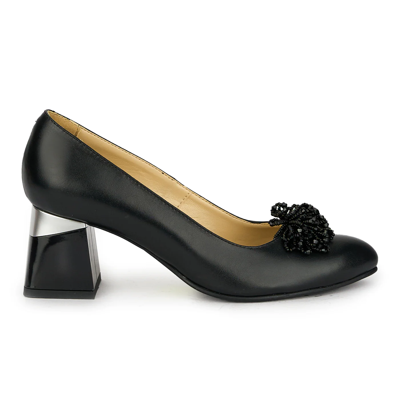 Pantofi dama din piele naturala neagra cu toc gros 17545