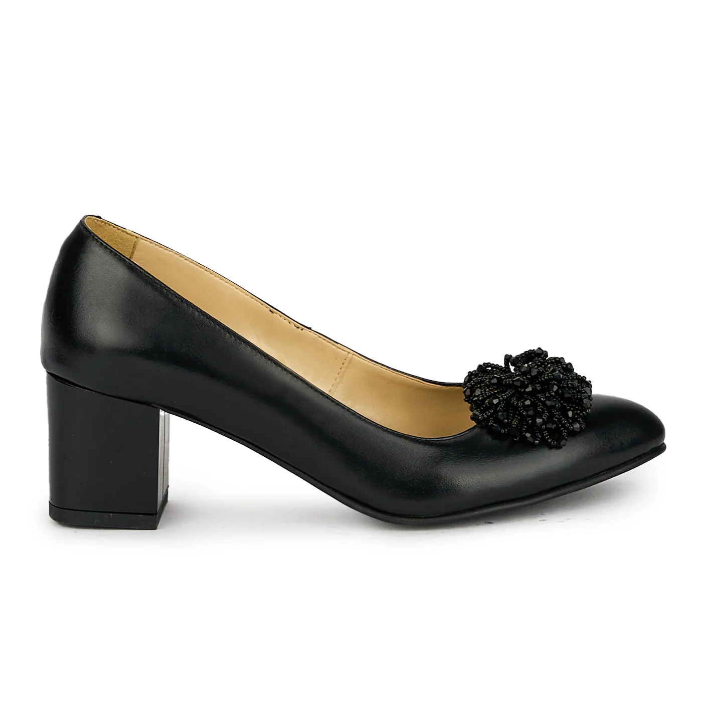 Pantofi dama din piele naturala neagra cu toc gros 17546