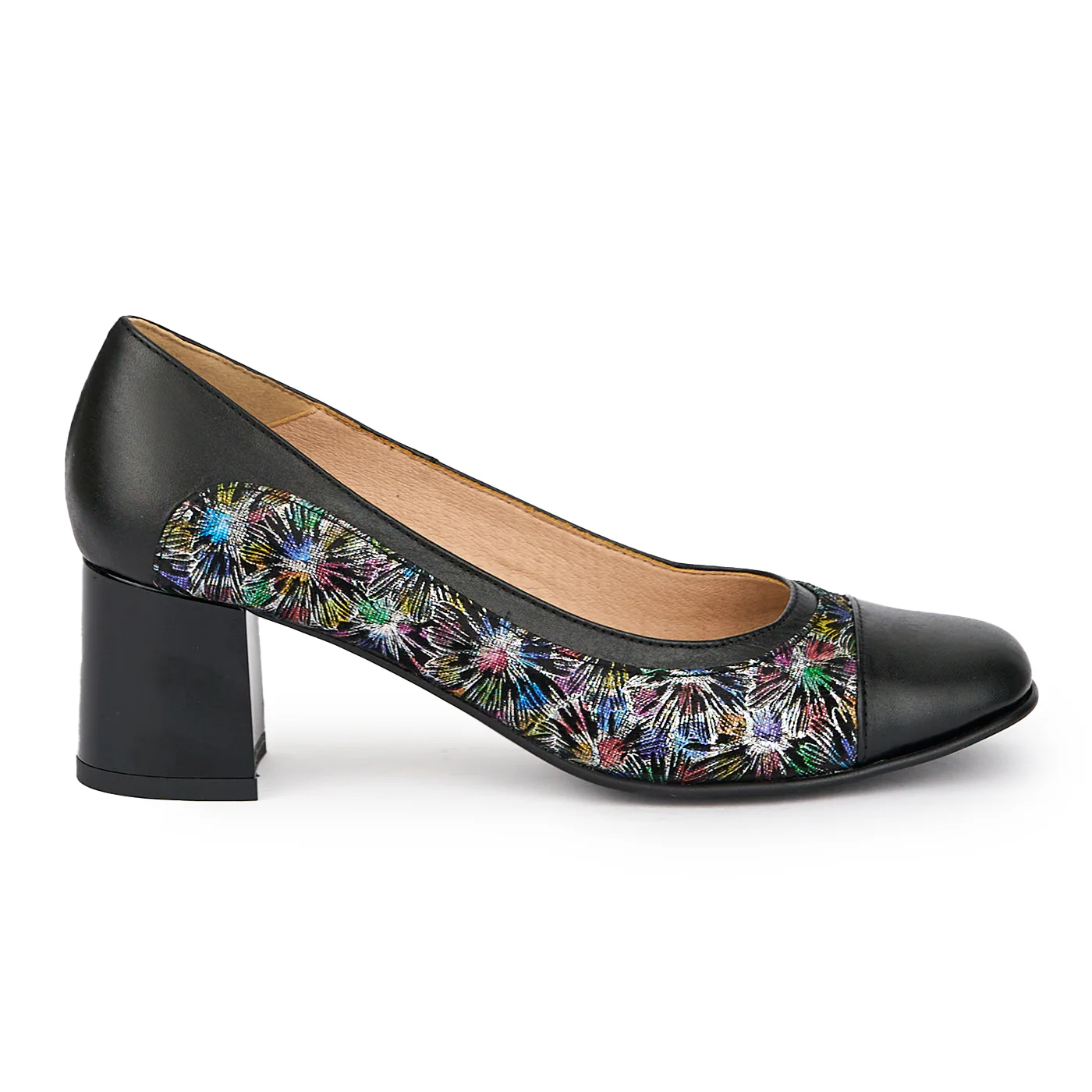Pantofi dama din piele naturala neagra cu toc gros 6 cm 15424