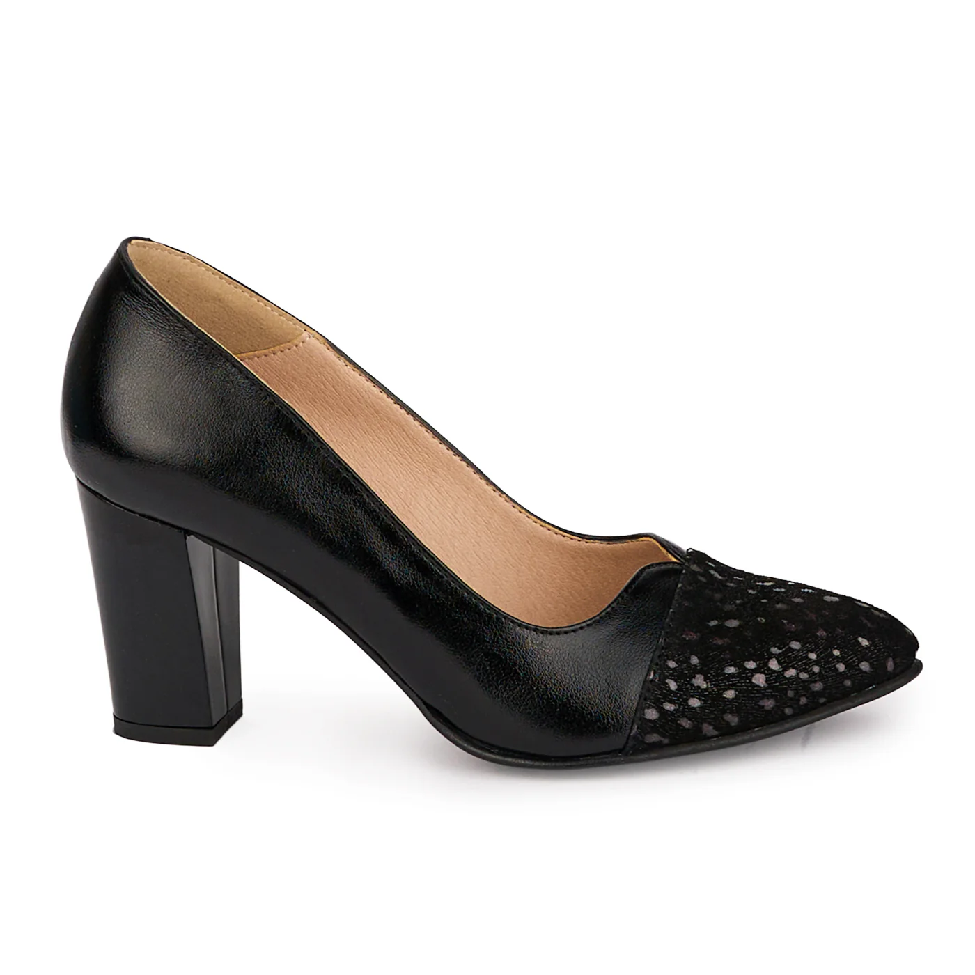 Pantofi dama din piele naturala neagra cu toc gros 7.5 cm 18498