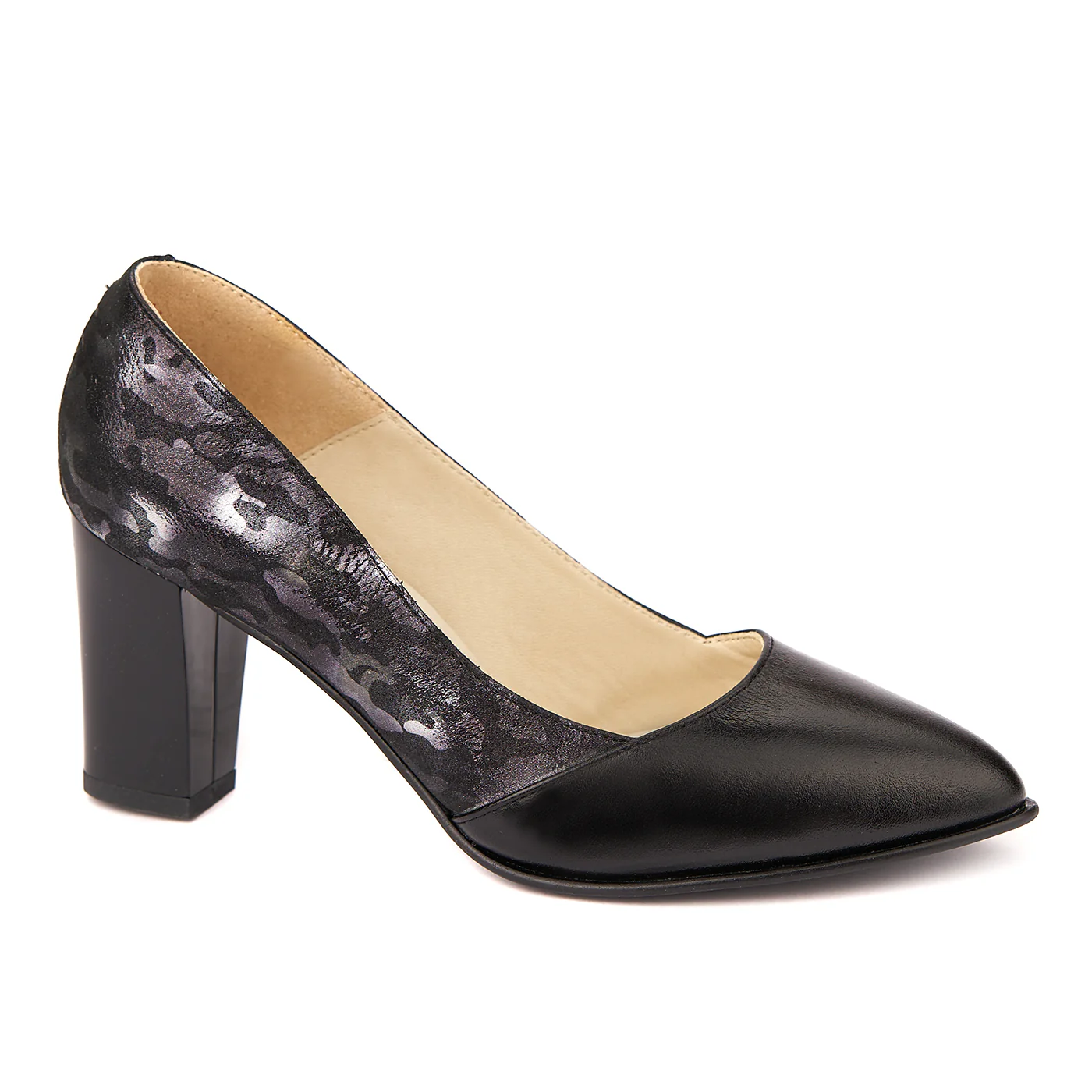 Pantofi dama din piele naturala neagra cu toc gros 7.5 cm 4465