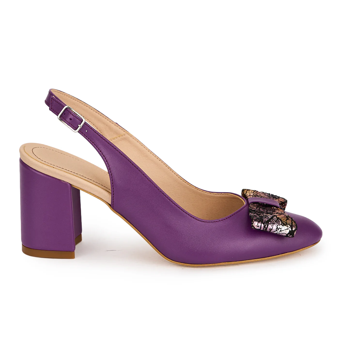 Pantofi damă din piele naturală mov cu toc gros 7 cm 19577