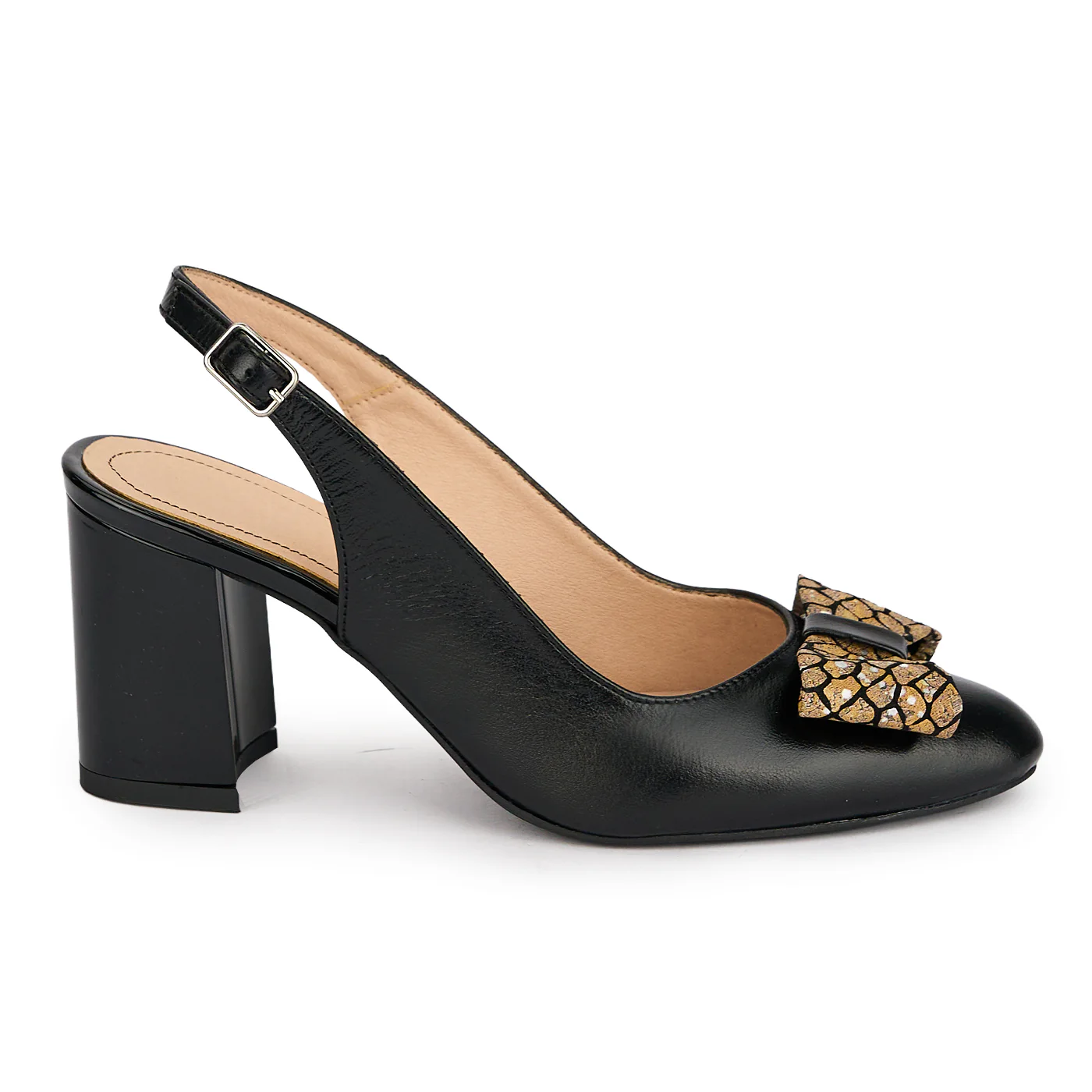 Pantofi damă din piele naturală neagra cu toc gros 7 cm 19578