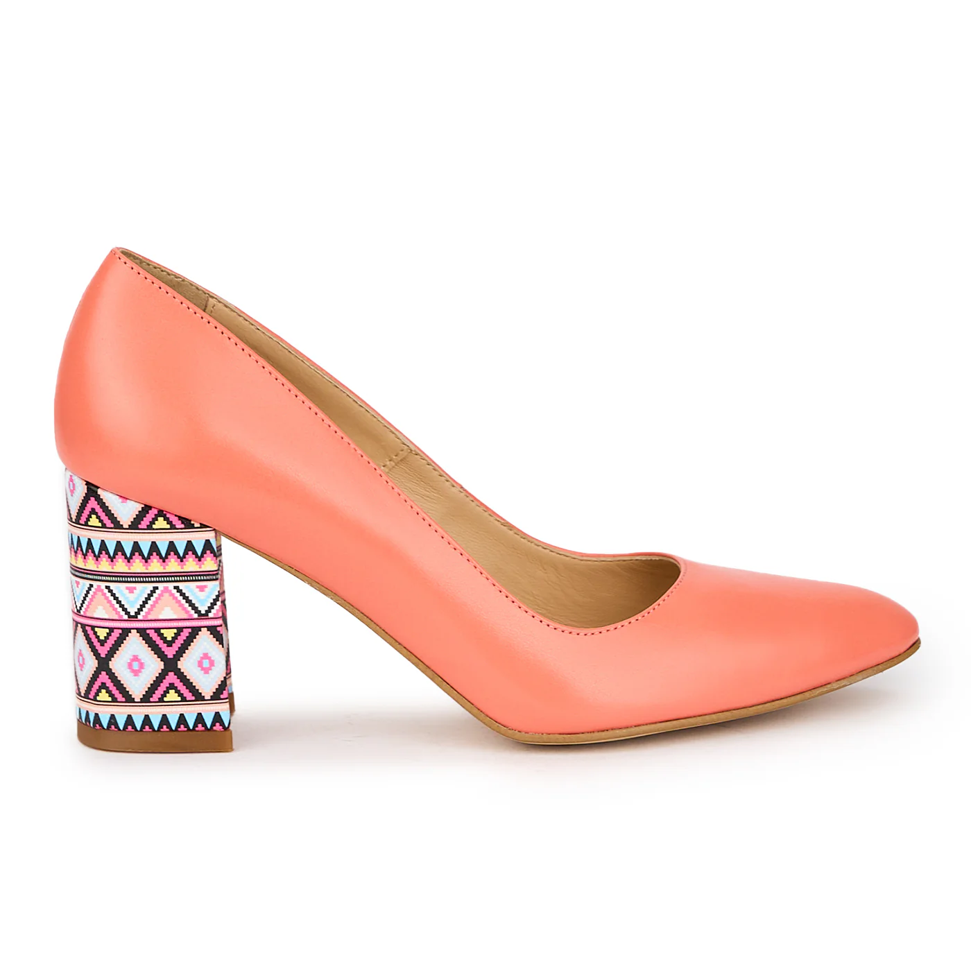 Pantofi dama din piele naturala portocaliu-coral cu toc gros 8 cm 15487
