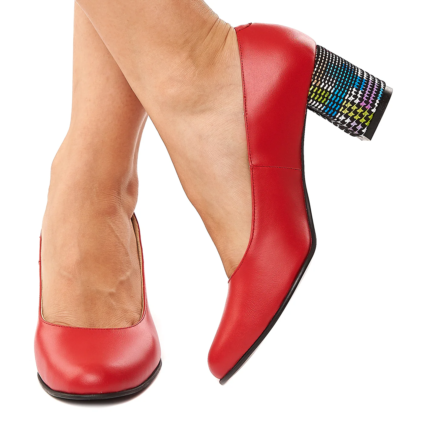 Pantofi dama din piele naturala rosie cu toc colorat 4185 - Image 3